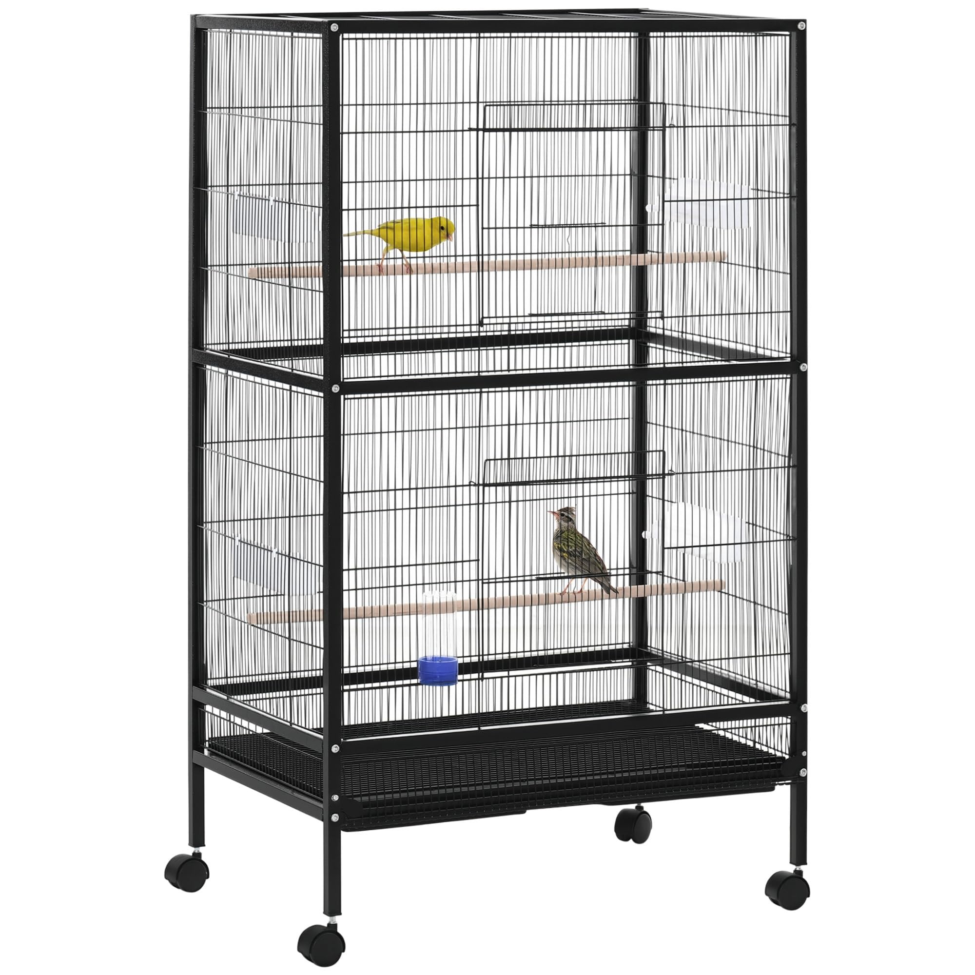PawHut Jaula para Pájaros Pajarera con 4 Ruedas 4 Puertas 4 Comederos 2 Perchas Bandeja y Bebedero para Loros Canarios Periquitos 79x52x137 cm Negro