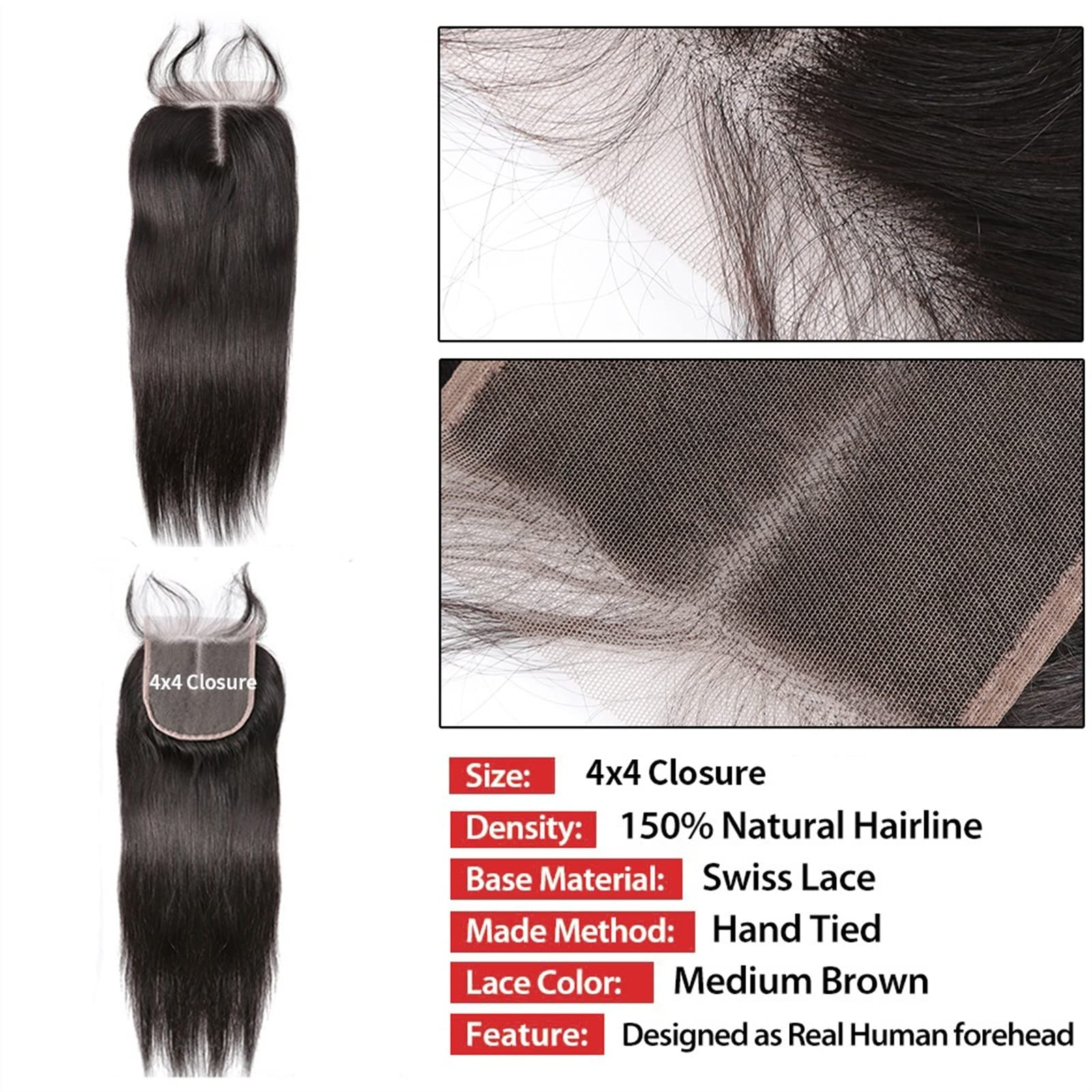 Tissage Cheveux Humain Brasses droites osseuses de 12-32 pouces avec dentelle 4x4 en dentelle frontale bouchons de tissage de cheveux brésiliens avec des paquets de cheveux humains de fermeture et une