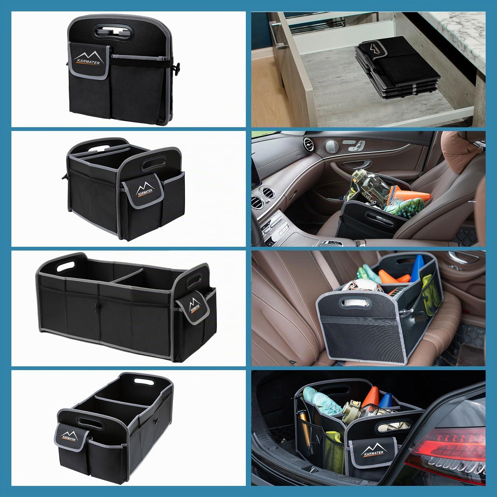 M KARMATER Kofferraum Organizer: 70L Wasserdichte Kofferraumtasche Mit 2 Großen und 6 Kleinen Fächern - Langlebige Box Für Auto