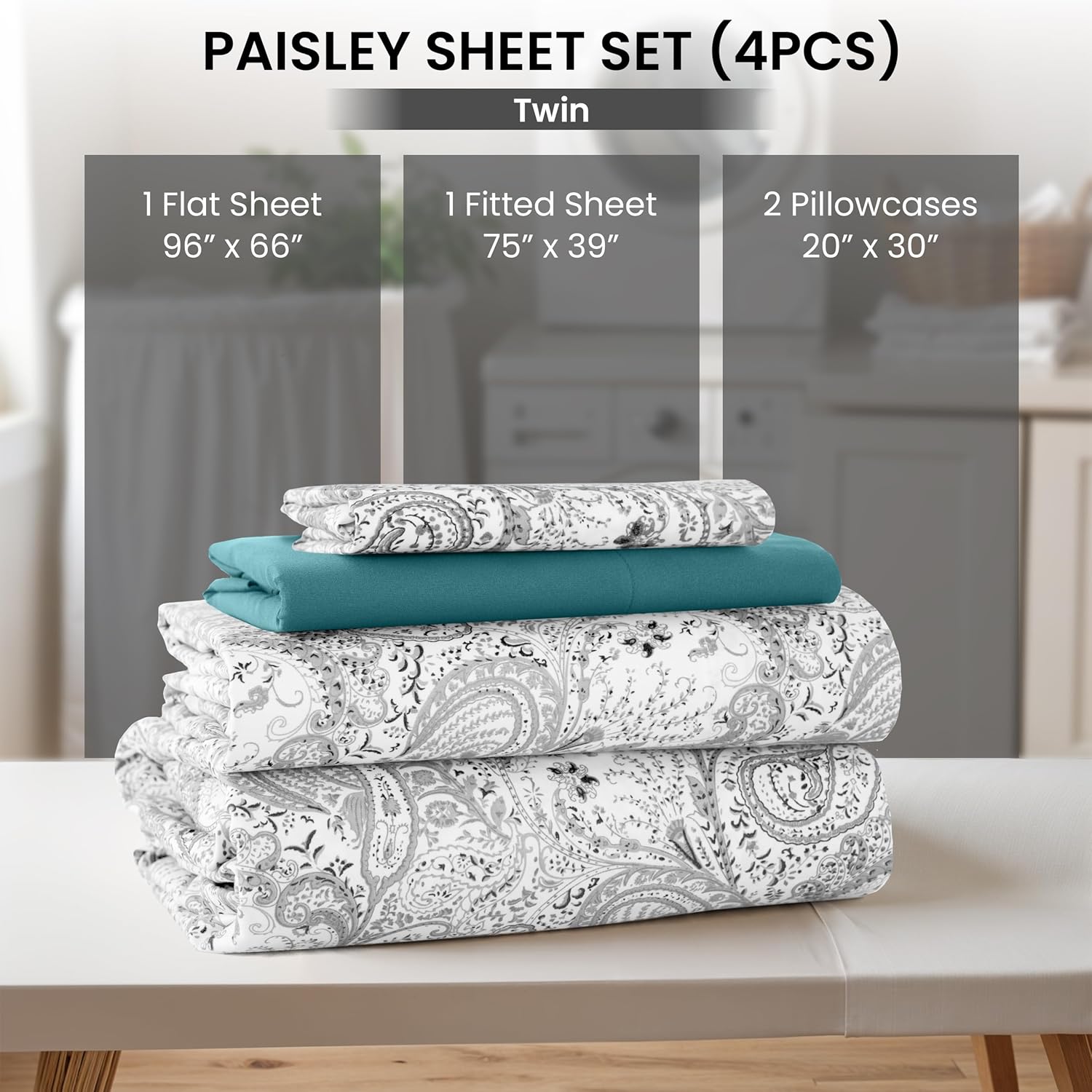 Ultra Soft Wrinkle-Free Microfiber Paisley Twin Sheet Set, Breathable Boho Bed Sheet Set – 16" Deep Pocket Fitted Sheet, Flat Sheet & 2 Pillowcases, Juegos de Sábanas, OEKO-TEX - White/Grey - Image 7