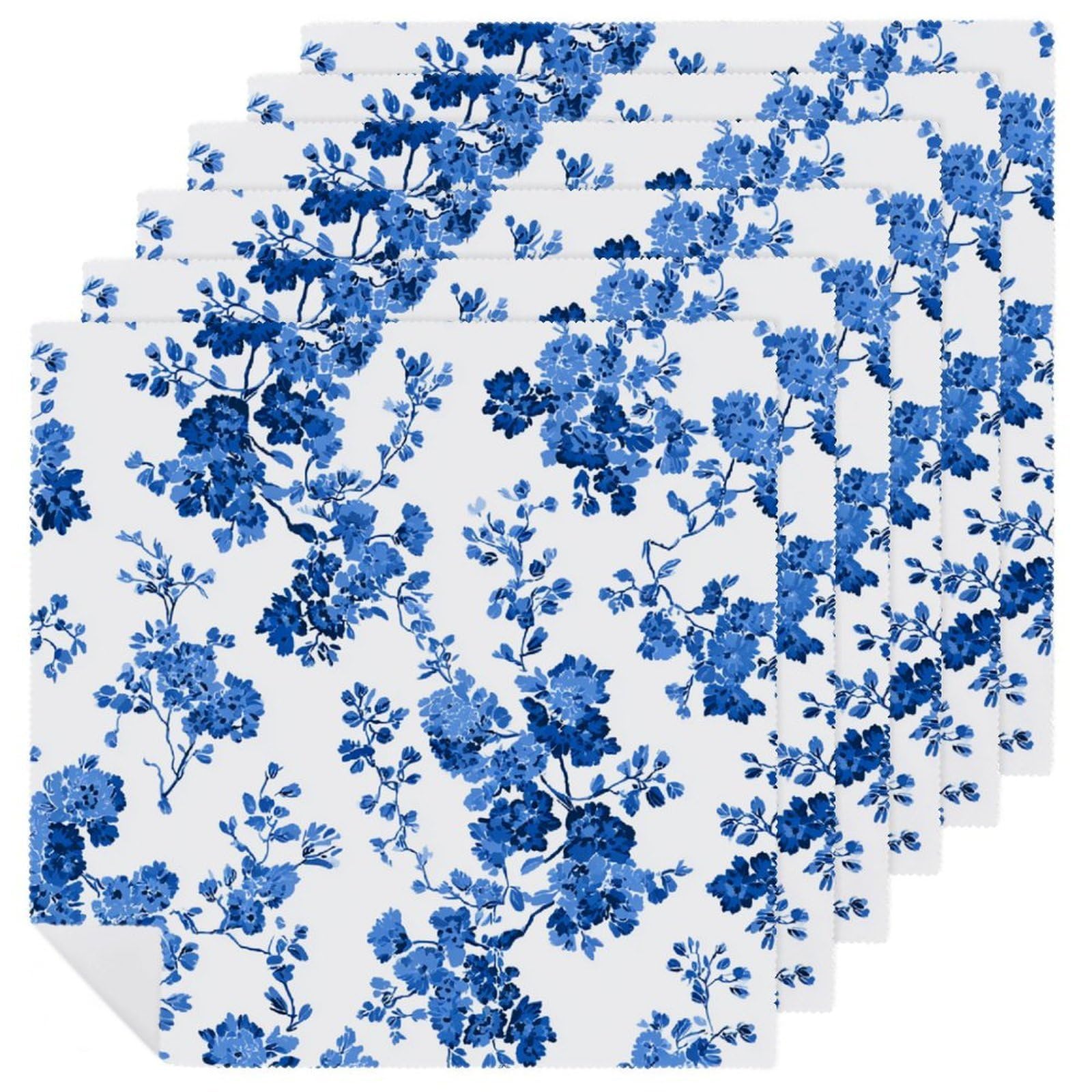 Tile Pattern Dense Blue Floral Clusters Cloth Napkins Set of 6, Square Premium Reusable Washable Polyester Table Linen Napkin for Dinner Party