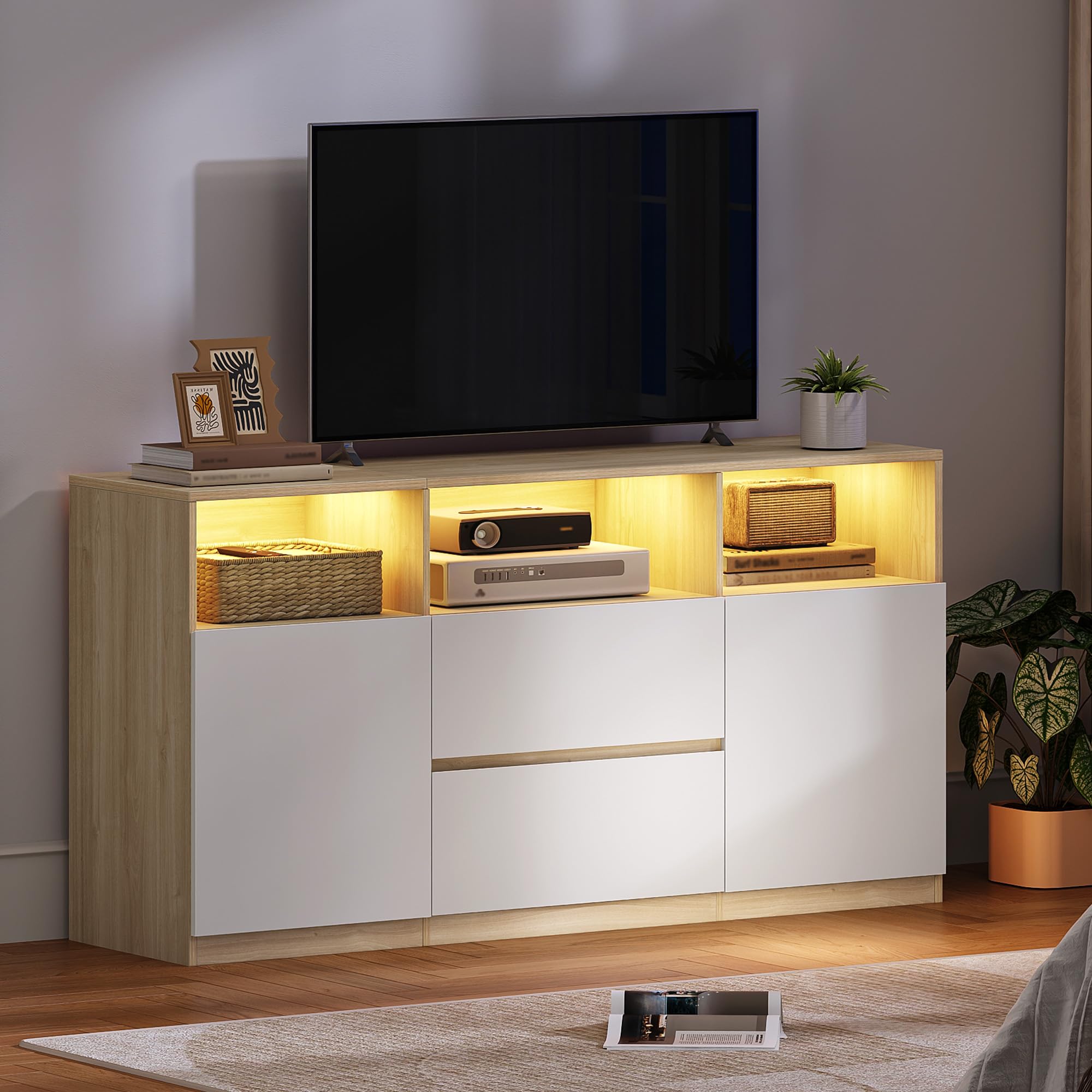 Hzuaneri Mobile TV, Luci LED, 147 x 40 x 76 cm Rovere e Bianco | 3 Scomparti Aperti, Tavolino Porta TV fino a 65 Pollici, con 2 Cassetti, 2 Gabinetto, Soggiorno, Camera da Letto, TV17031XEU