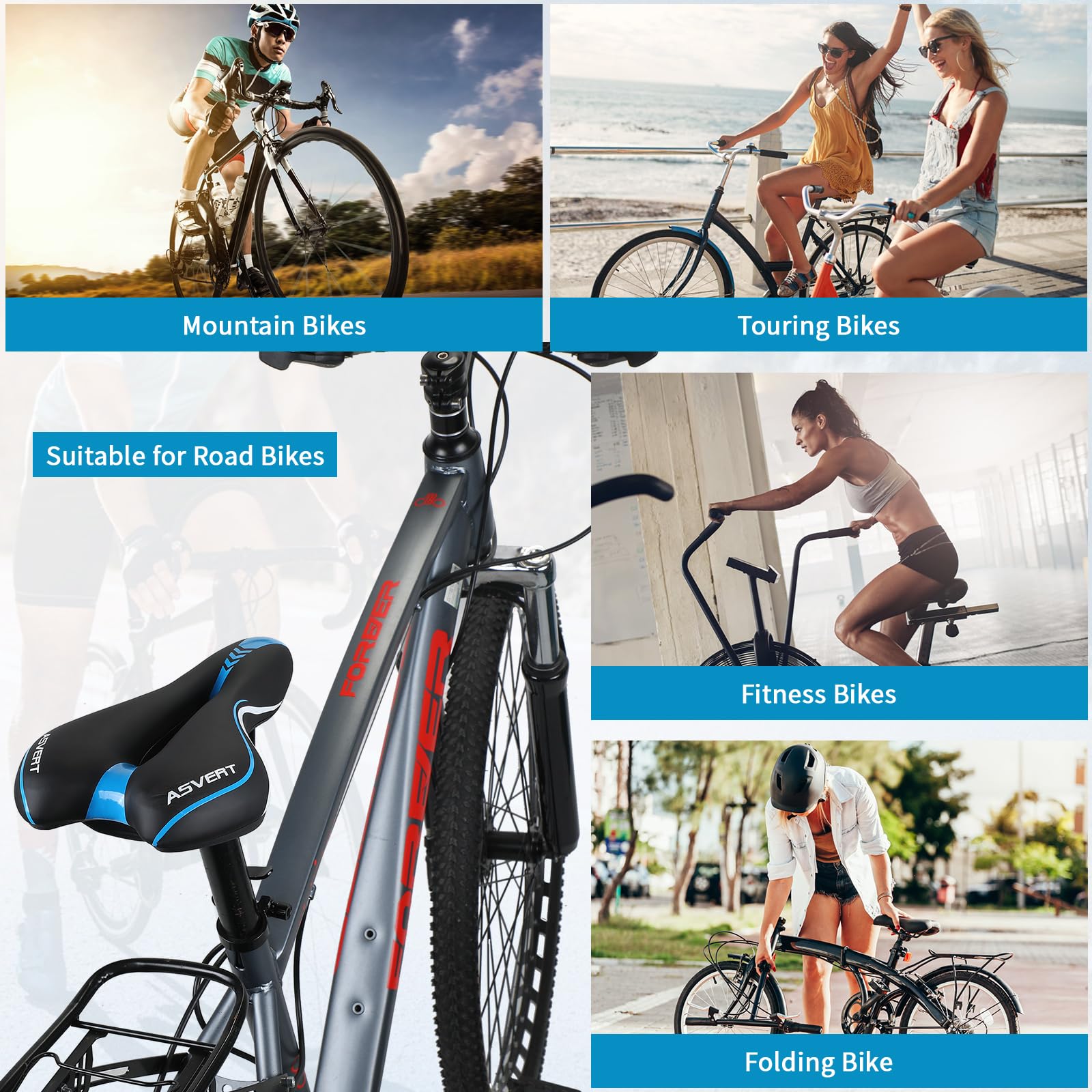 Sillín MTB Antiprostático de Ciclismo Transpirable y Ancho con Muelles y Raya Refleja Asiento para Bici MTB Carretera Montaña Urbana al Aire Libre