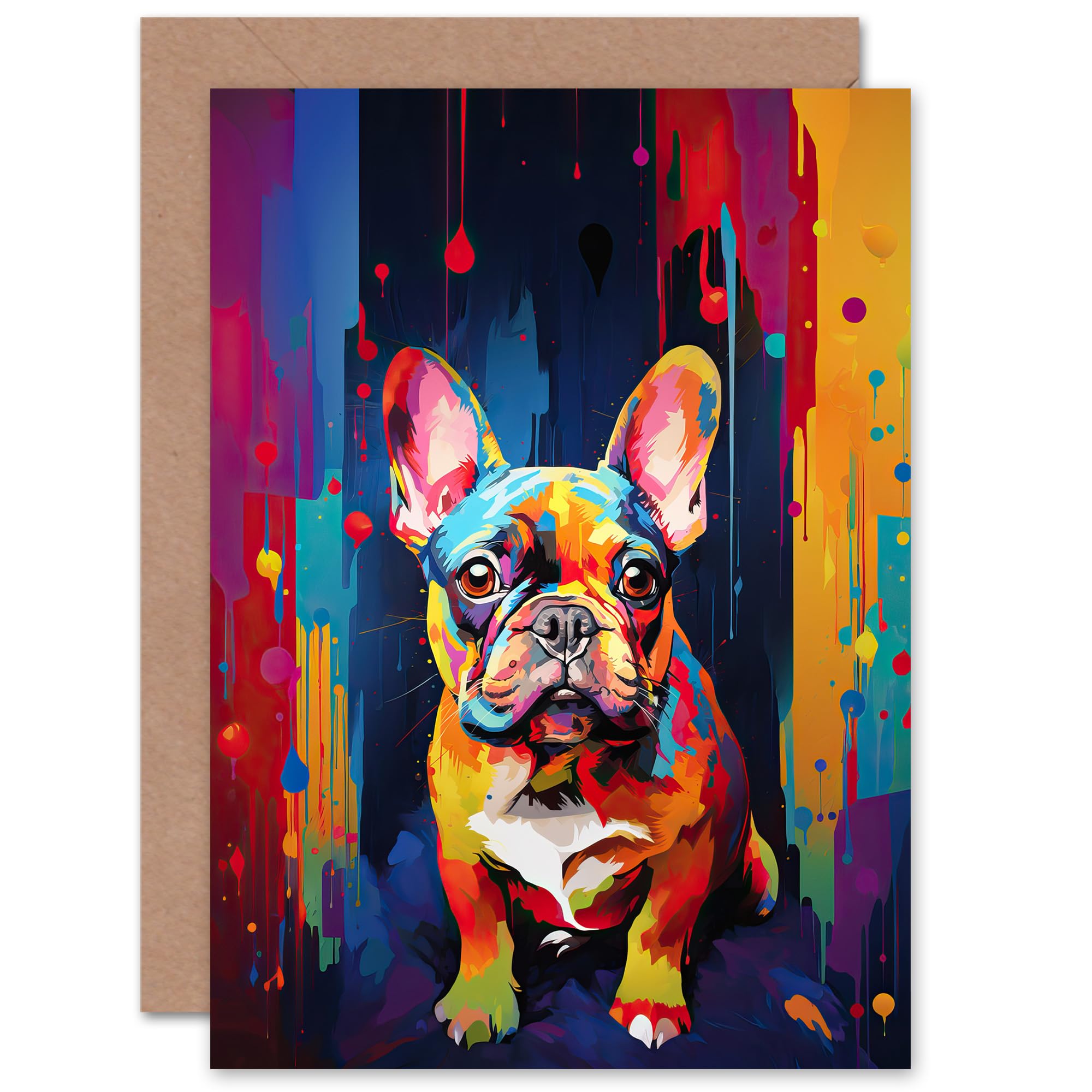 Artery8 French Bulldog Dog Lover Gift Pet Portrait Colourful Neon Artwork Painting Sealed Greeting Card Plus Envelope Blank inside