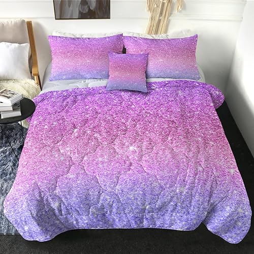 Sleepwish 4 Piece Mermaid Glitter Queen Bedding Set - Colorful Abstract Purple and Pink Reversed Ombre Comforter, 2 Shams, 1 Pillow Cover