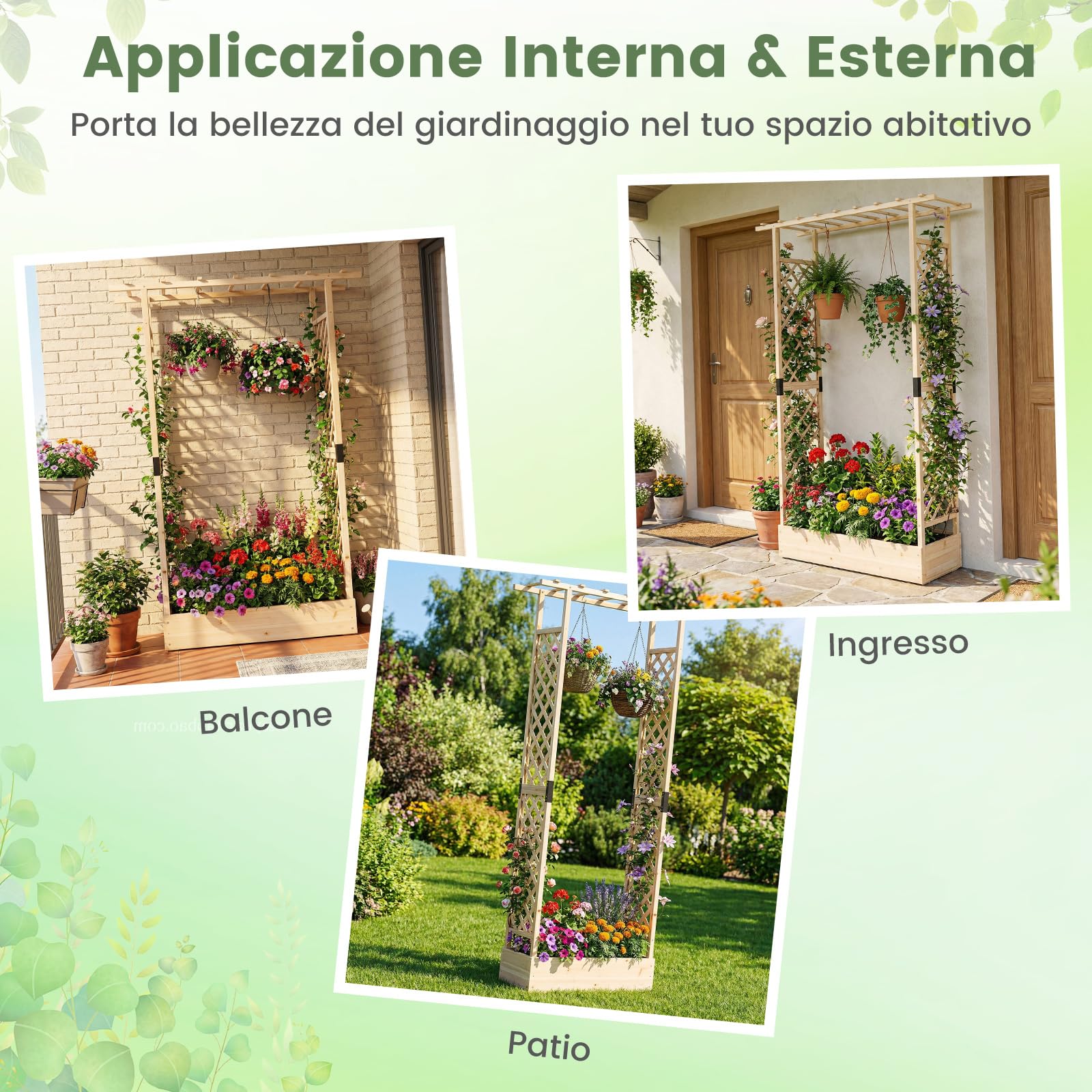 COSTWAY Fioriera Rialzata con Grigliato, Letto da Giardino Rialzato in Legno con Traliccio, Tetto e Fori di Drenaggio, Aiuola Elevata per Piante Rampicanti, Viti e Fiori (Naturale,110 x 35 x 227 cm)