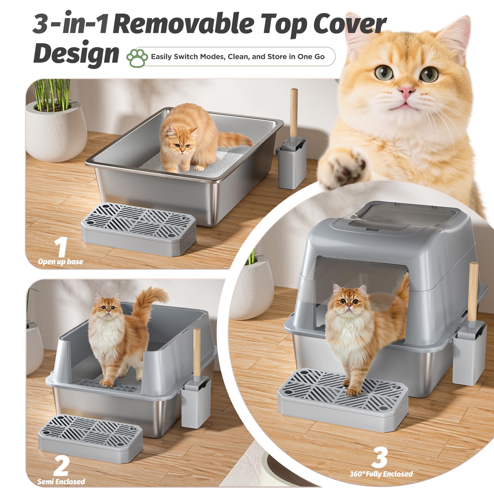 Edelstahl Katzenklo mit Deckel, 40L Große Kapazität 110° Flip-Cover Design | XXL Metall Geschlossen Katzentoilette aus Edelstahl mit Schaufel und Fußpedal, Hoher Rand, Auslaufsicher und Leicht Reinigen
