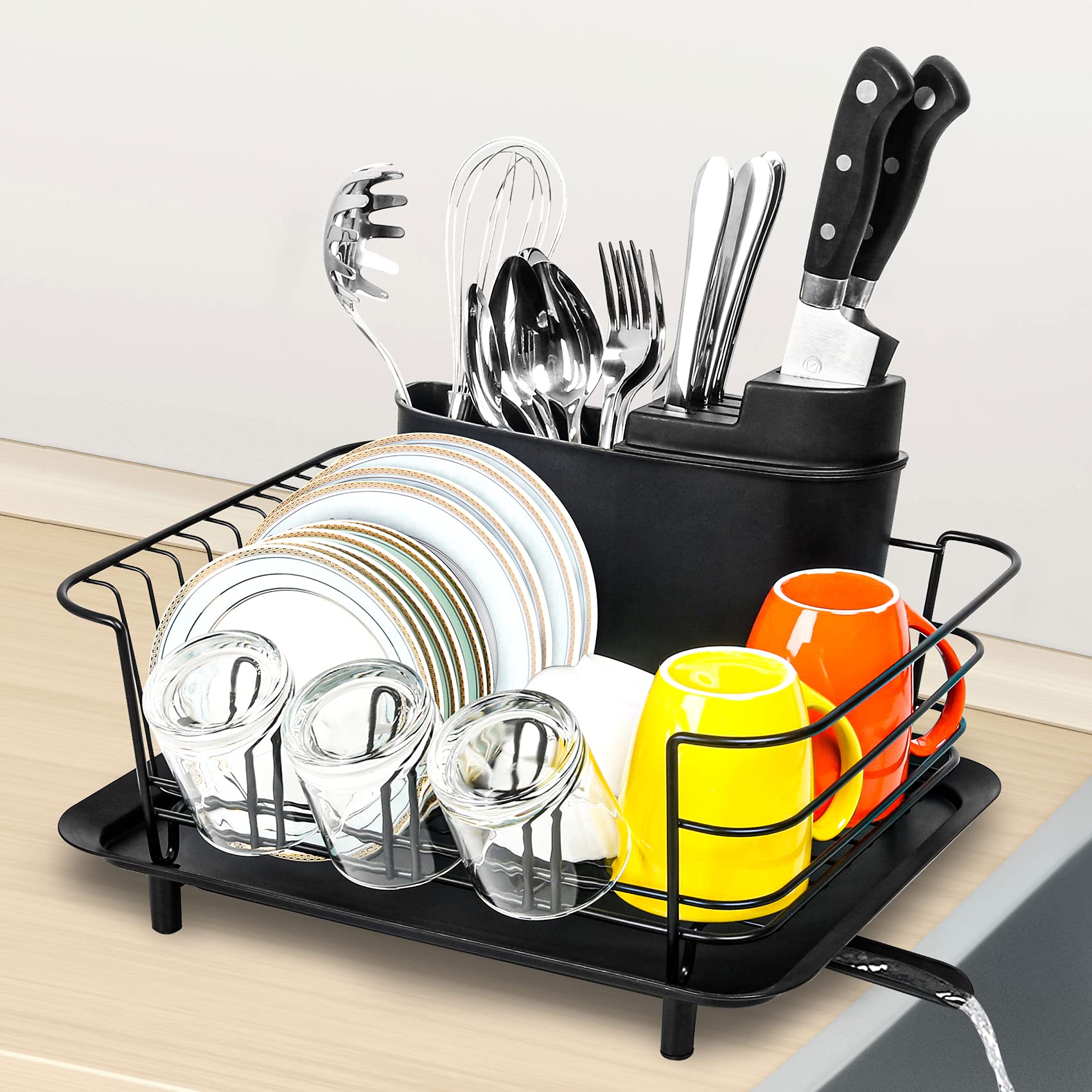 Dish Drying Rack, Totofac Rustproof Dish Rack and Drainboard Set, Dish Drainer with Removable Utensil Cup Holder for Drying Rack Kitchen (Black)