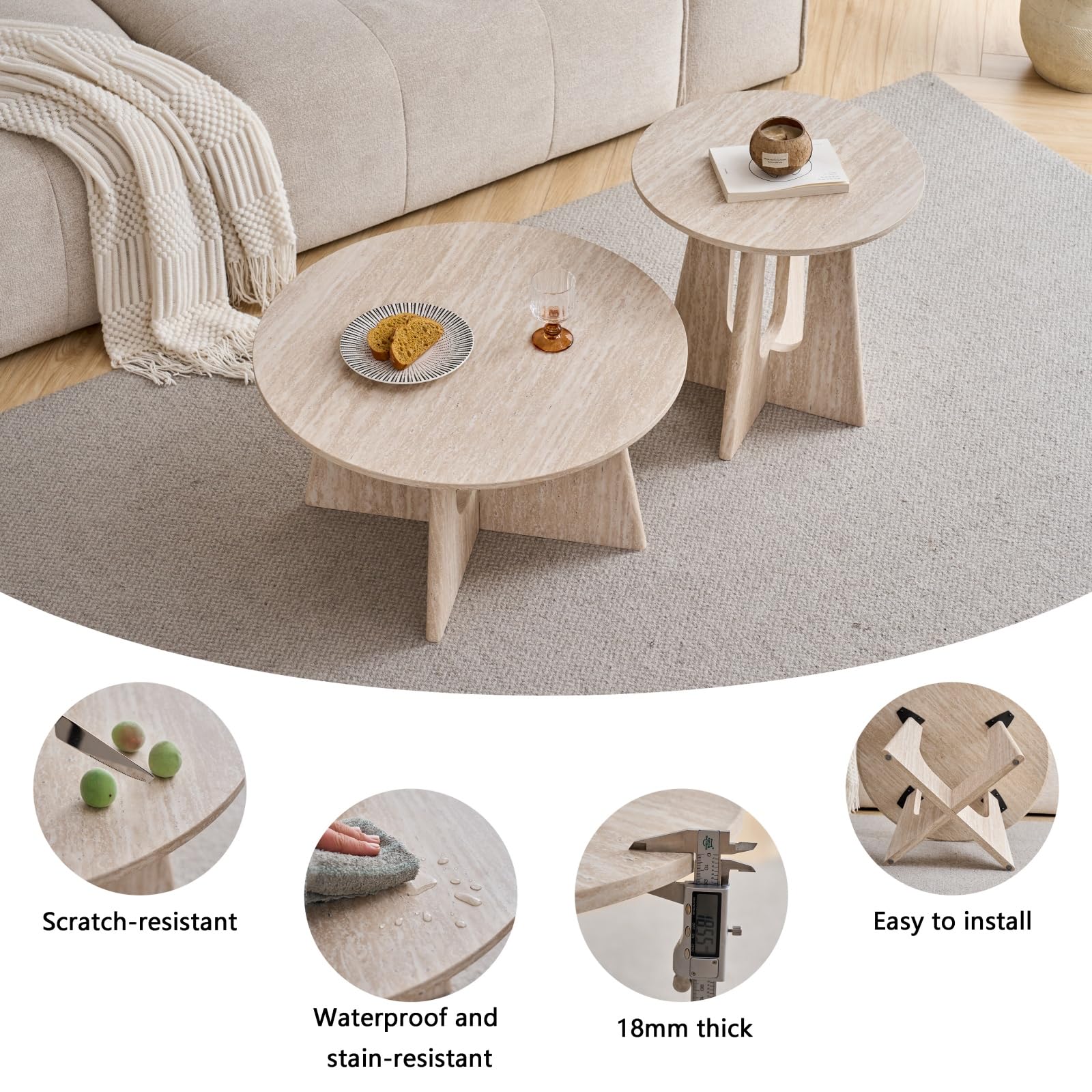 GrandCA HOME Lot de 2 Table Basse Ronde, Table D'appoint de Salon de Style Minimaliste Moderne, Matériau en Panneaux de Fibres de Densité Moyenne, Convient pour Le Salon, La Chambre à Coucher - Beige