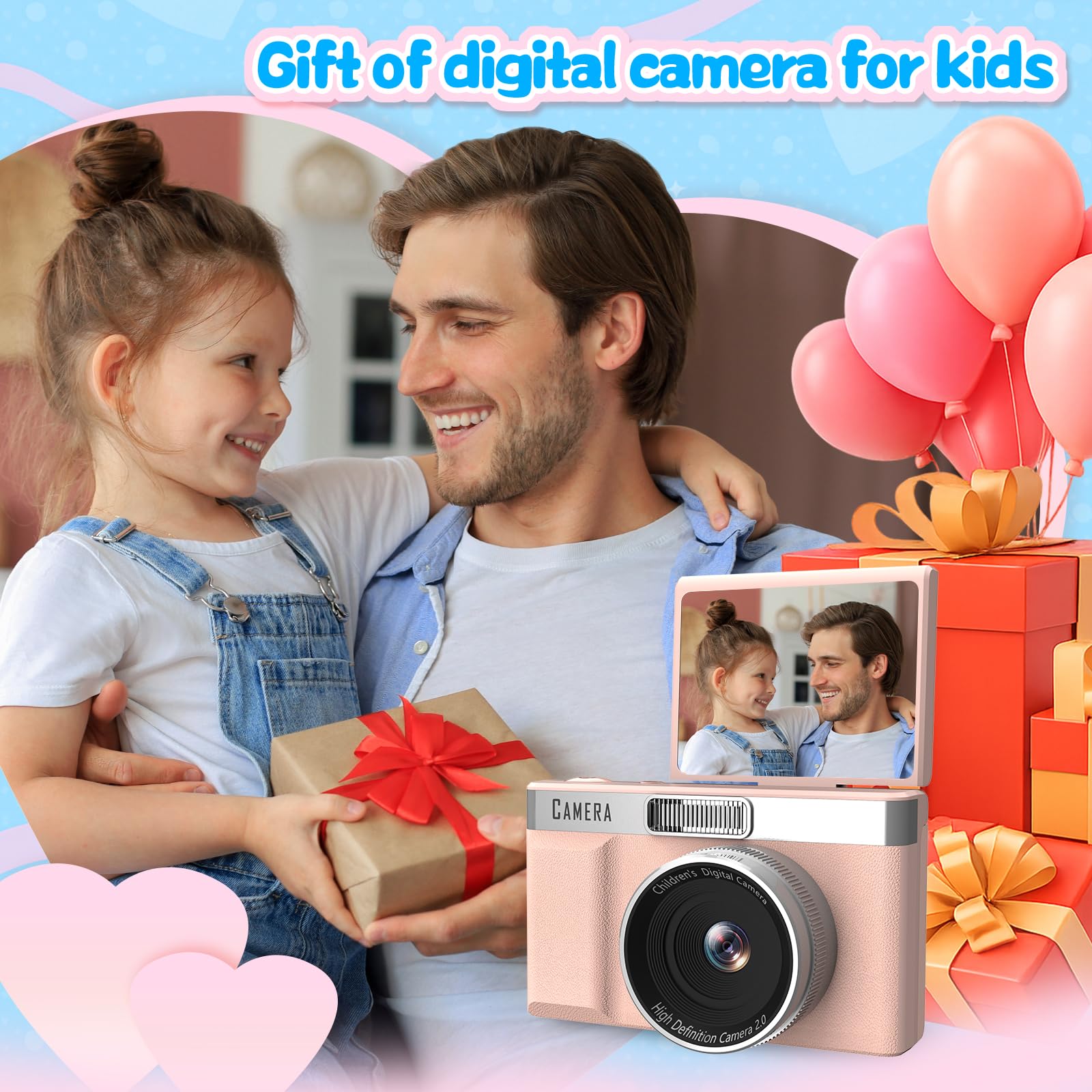 Appareil Photo Enfant Écran Inversable 180°, Carte Mémoire 32GB, Appareil Photo Numérique 1080P HD, Jeux Éducatifs Intégrés, Digital Camera Enfants, Garçons Filles(Rose)