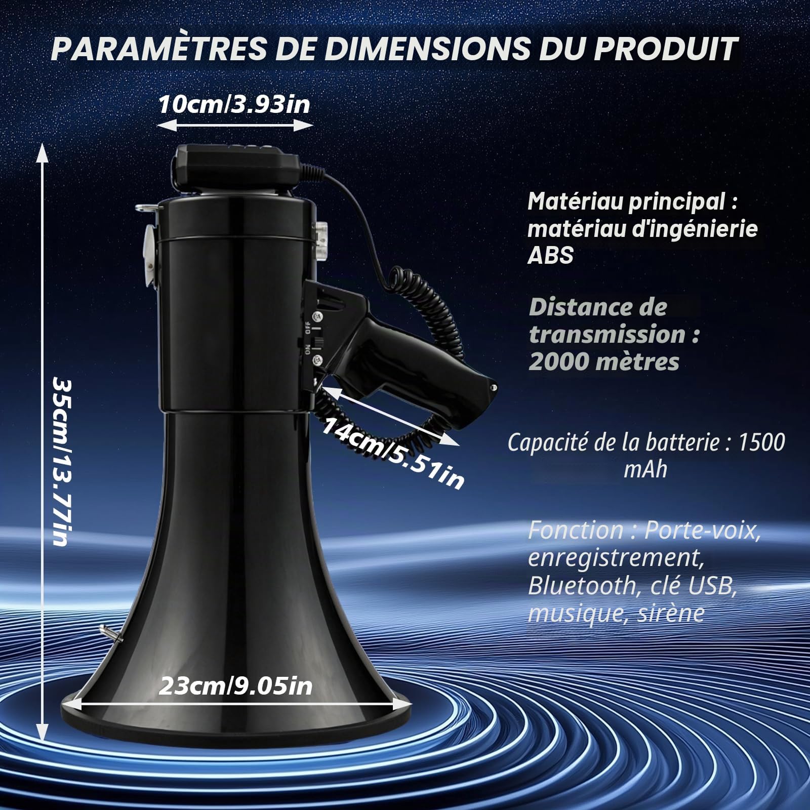 Mégaphone avec Bluetooth & Sirène, Portée de 2000m, Mégaphone Portatif avec Microphone Amovible, Haut-Parleur Rechargeable avec Sirène pour Événements Extérieurs, Contrôle de Foules, Sport