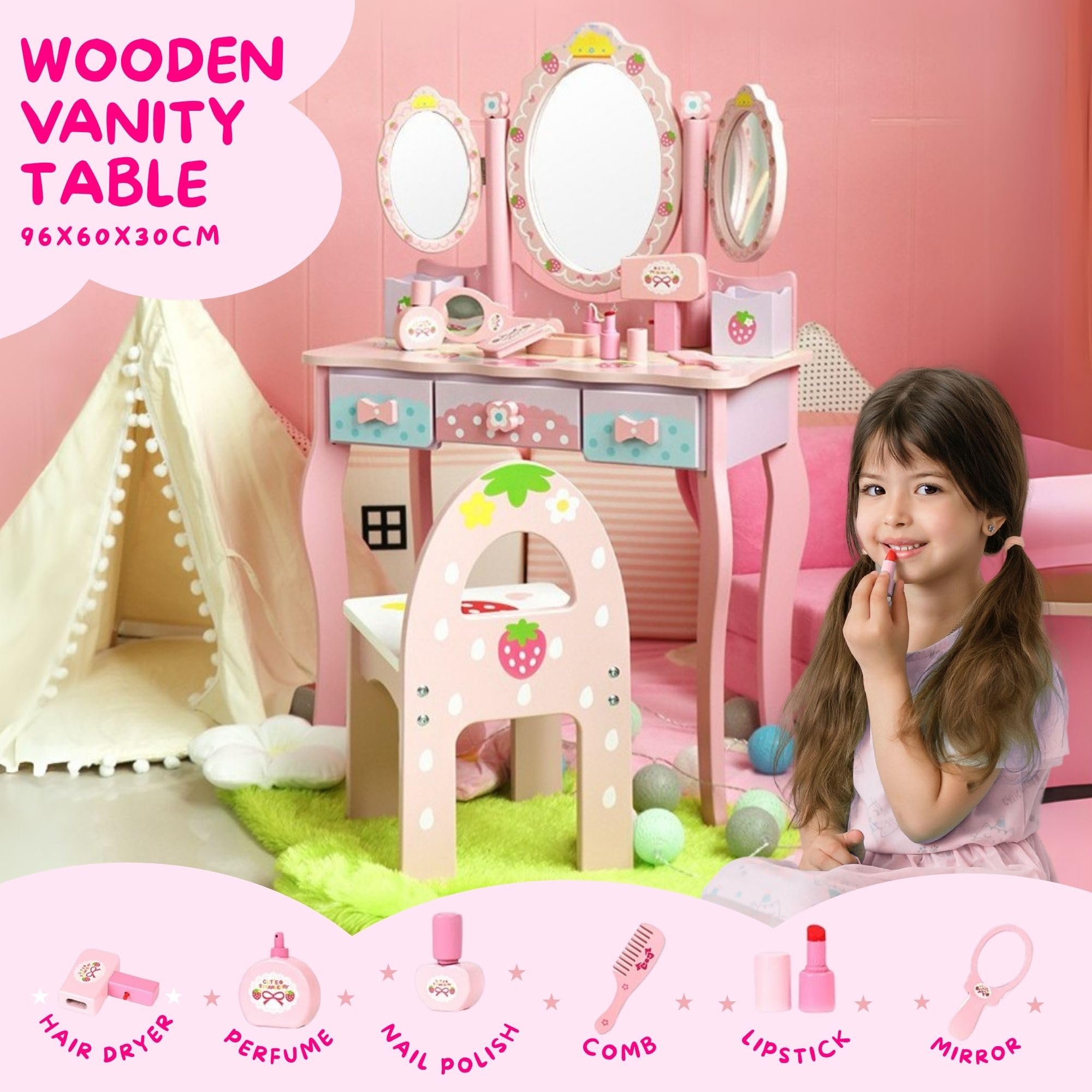Tocador Infantil de Madera con Taburete y Cajones. Mesa de Maquillaje para Niñas con Accesorios y Espejo Plegable. Juego de Tocador de Maquillaje y Silla para Niña +3 Años, para Regalo de Cumpleaños.