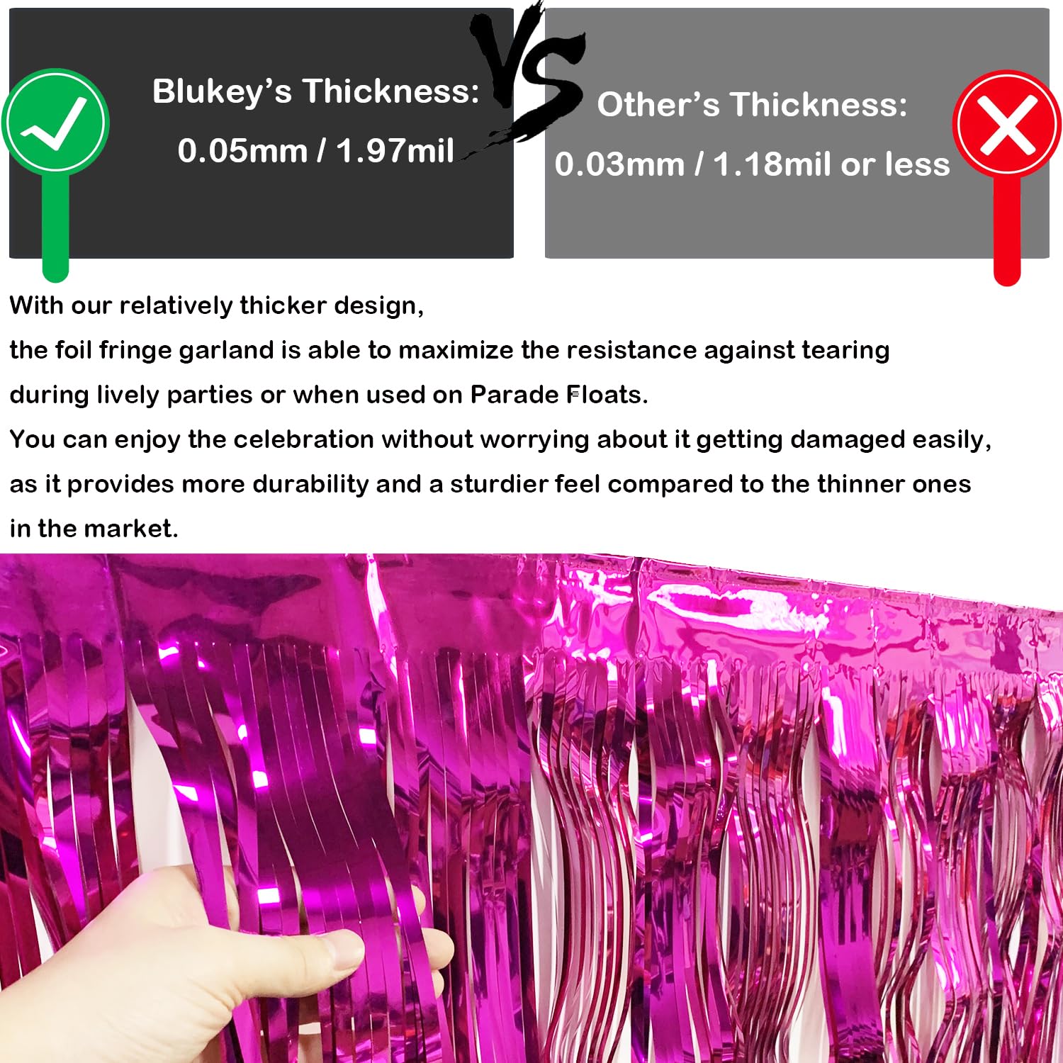 Blukey Thick 10 feet by 15 inches Fuchsia Foil Fringe Garland - Pack of 3 | Shiny Metallic Tassle Banner for Car Parade Floats, Wedding, Birthday | Wall Hanging Fringe Garland Banner (Fuchsia)