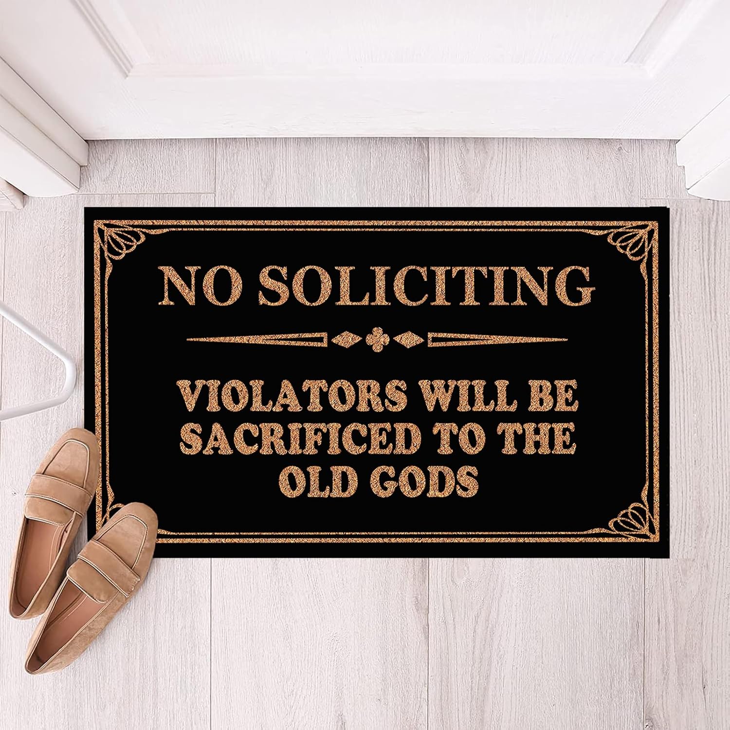 Welcome Doormat Funny Front Door No Soliciting Violators Will Be Sacrificed to The Old Gods Doormat Anti-Slip Mats Home Decor, Gift Door Mats for The Entrance Way Indoor 30"(W) X 17"(L)