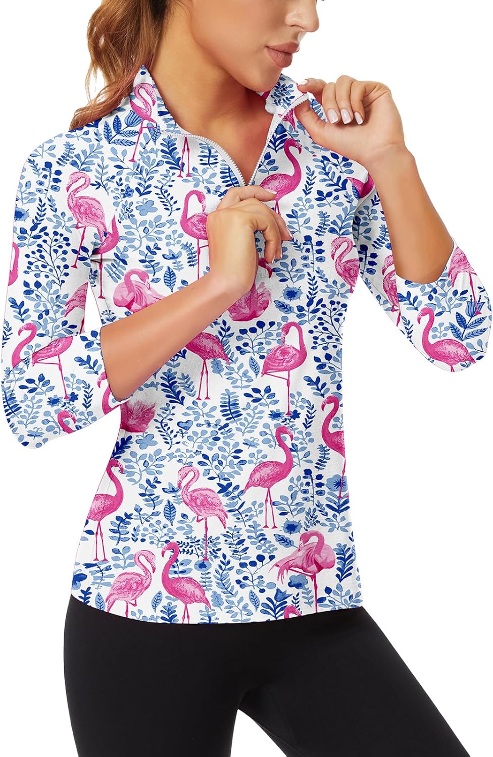 WOWENY Women's 3/4 Sleeve Athletic Golf Shirts Quarter Zip Pullover Collared T-Shirt Workout Print Tennis Top