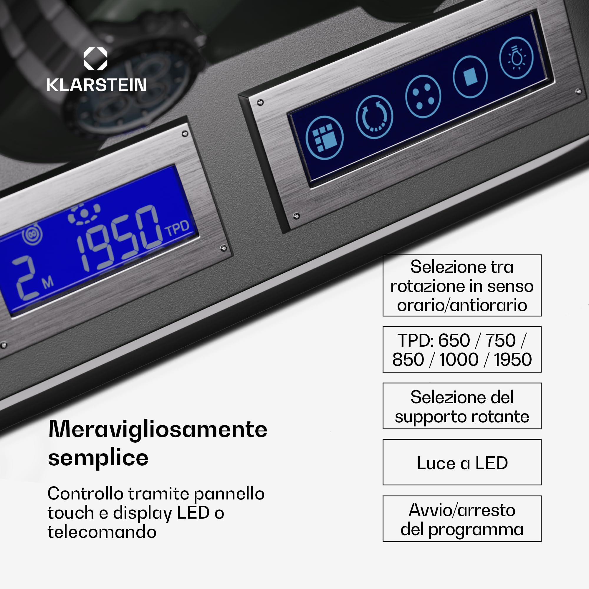 KLARSTEIN - Caricatore Rotante per 6 Orologi Automatici, sportello in Acrilico, LED Blu, 5 impostazioni TPD, Carica Orologi Automatico con mantenitore di Carica
