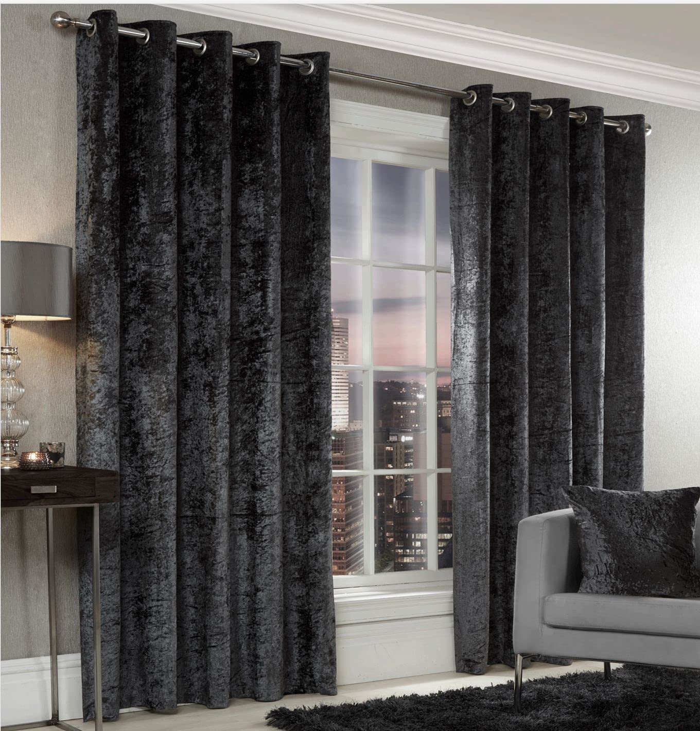 Amania Trading Ltd 1 Pair Of Plain CRUSHED VELVET Soft Modern Fully Lined Eyelet Curtains - CHARCOAL - 90" Width x 72" Drop