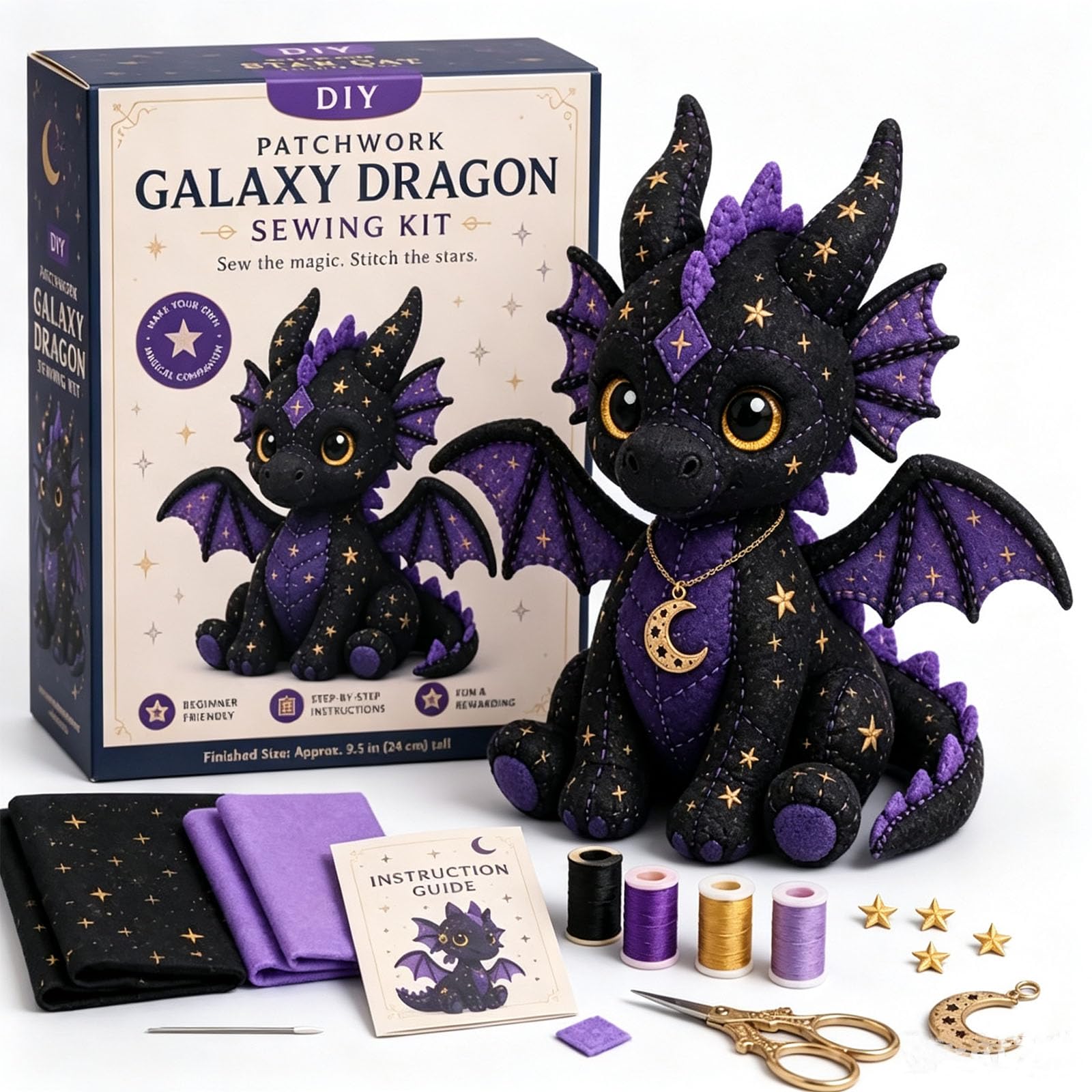 Mystic Patchwork Animal Sewing Kit – DIY Plush Craft Kit with Starry Fabric, Moon Charm, Fantasy Patchwork Animal Sewing Kit with Guide, Halloween Sewing Gift for Teens & Adults (Galaxy Dragon)