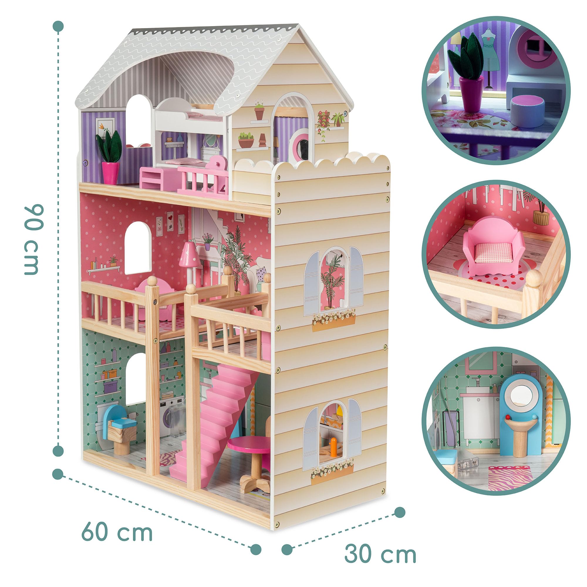 Mamabrum Maison de Poupée en Bois avec LED – XXL 3 Étages + Terrasse – avec Meubles, Salle de Bain, Cuisine – Jouet Éducatif Sécurisé dès 3 Ans