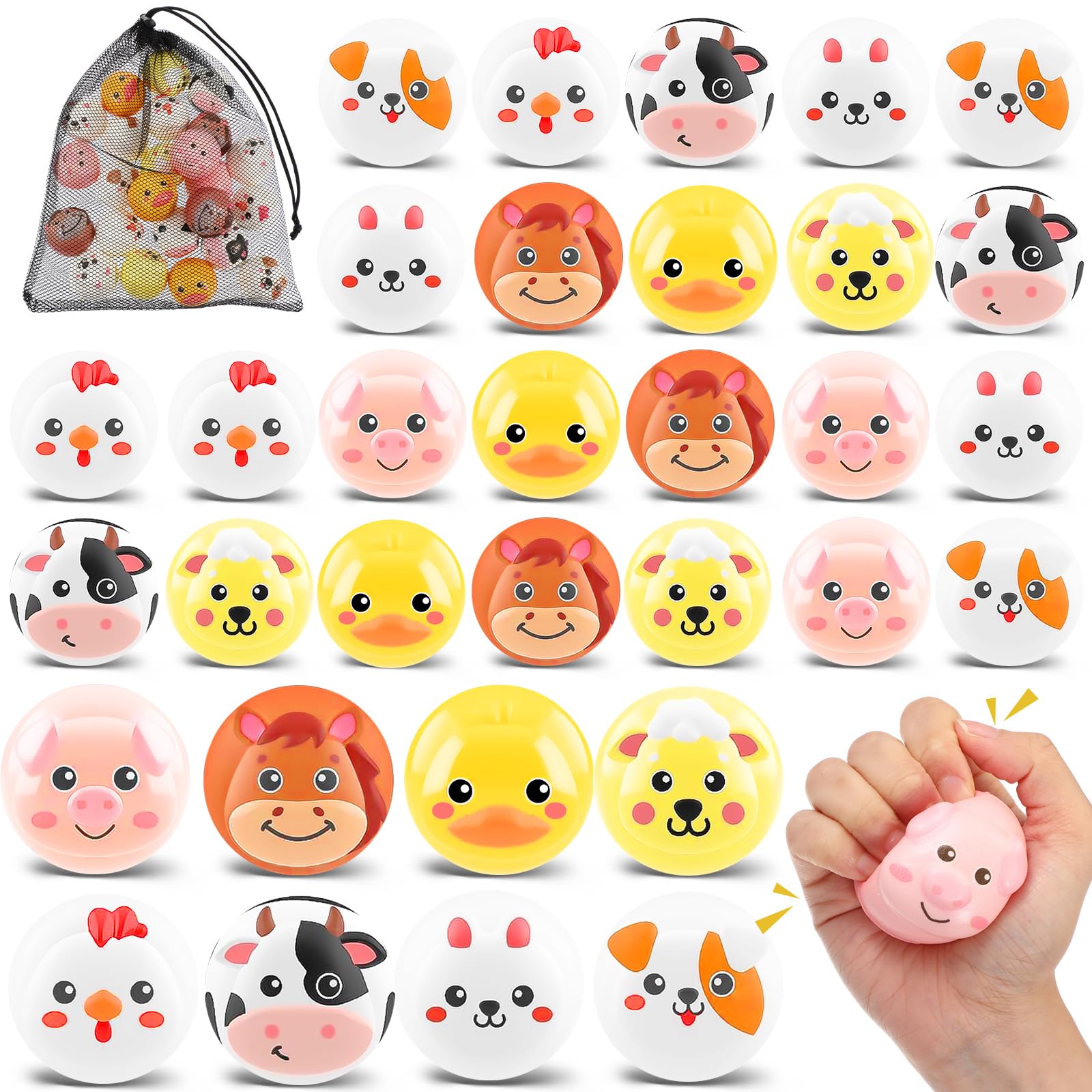 HyDren 24 Pcs Animal Stress Balls Bulk 2'' Cute Farm Animal Party Favors Baby Shower Squeeze Ball Mini Foam Stress Fidget Toys with Bag for Kids