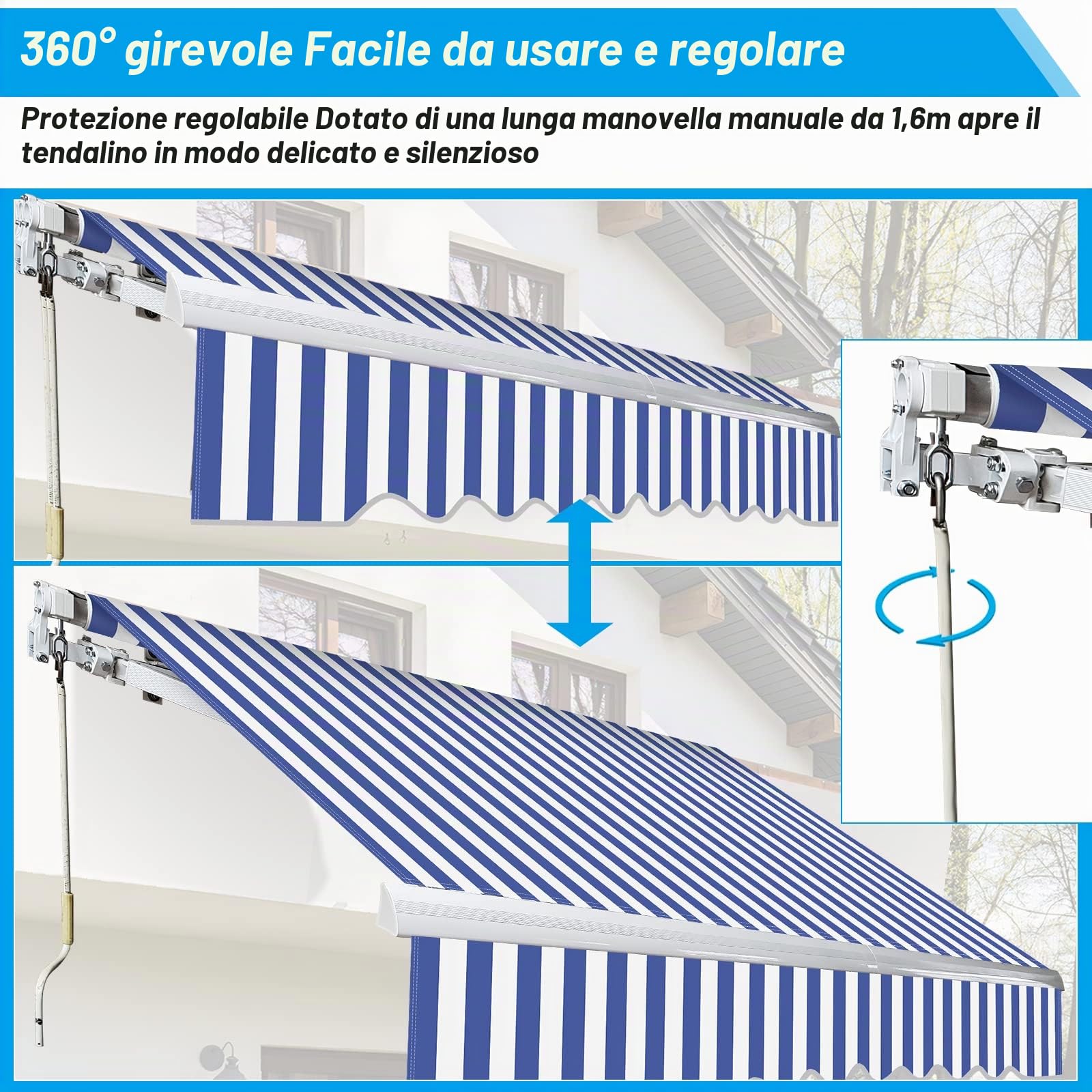Tenda da sole con braccio snodato, 350x300cm Tenda da sole per Terrazze, Angolazione Regolabile, Meccanismo Manuale, Tenda da Sole Avvolgibile Anti-UV Impermeabile, Blu e Bianco