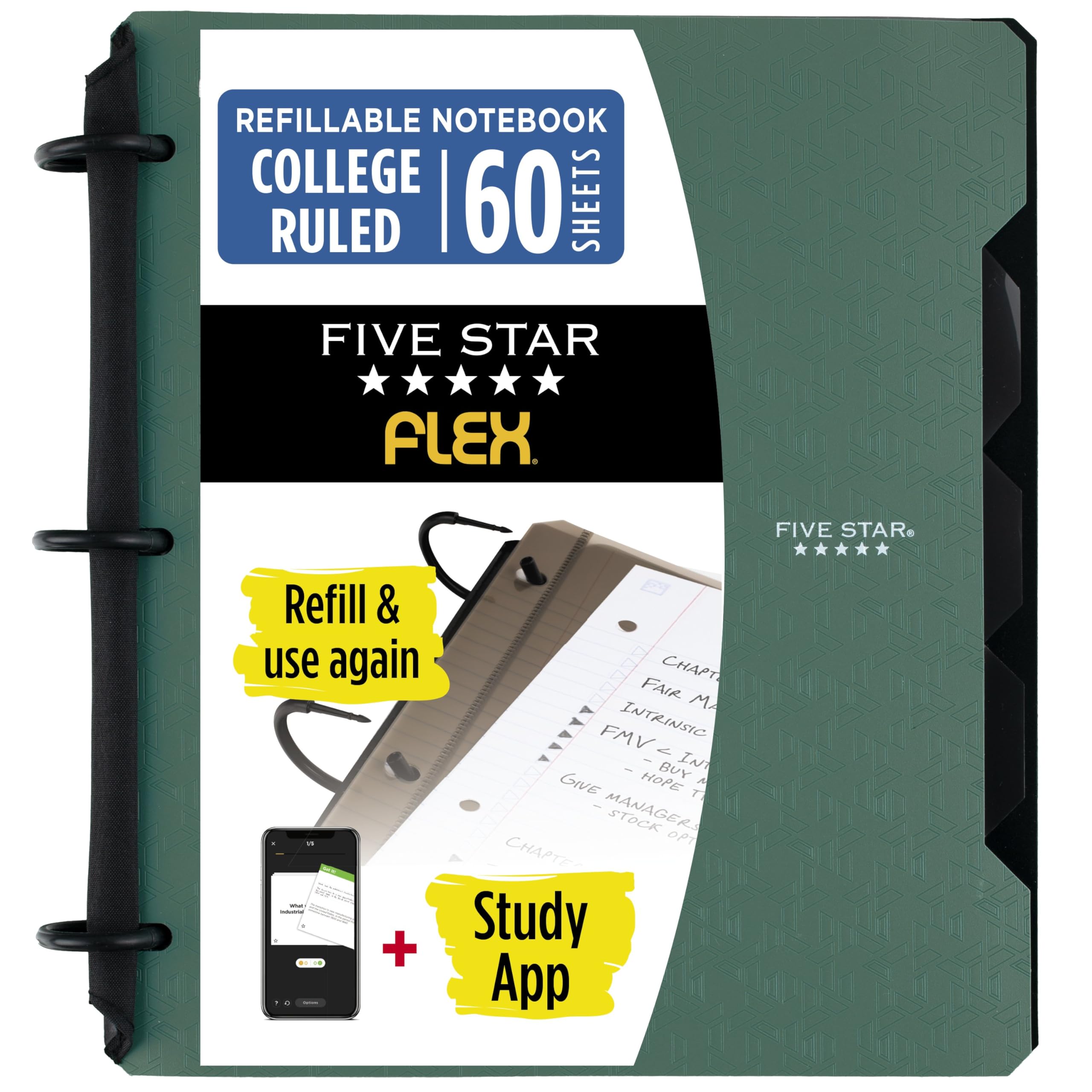 Five Star Flex Refillable Notebook + Study App, College Ruled Paper and 1 Inch TechLock Ring Binder with Pockets, Tabs and Dividers, 200 Sheet Capacity, Seaglass Green (293280AQ8)
