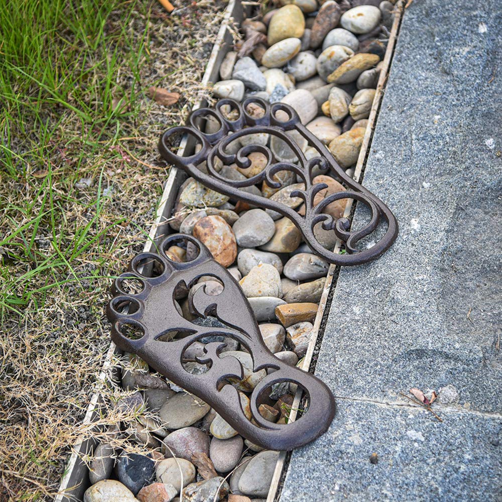 Heavy Duty Cast Iron Stepping Mats For Garden & Lawn - 2-PC Footprint Design, Antique Brown, Outdoor Decor