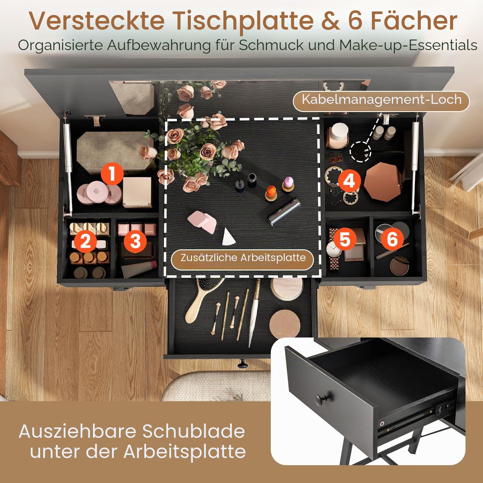 GIANTEX Schminktisch mit Spiegel, Kosmetiktisch mit Ladestation, Frisiertisch mit Schublade, 6 Aufbewahrungsfächern & Klappdeckel, Make-up-Schreibtisch mit Metallrahmen, Vanity Dressing Table, Schwarz
