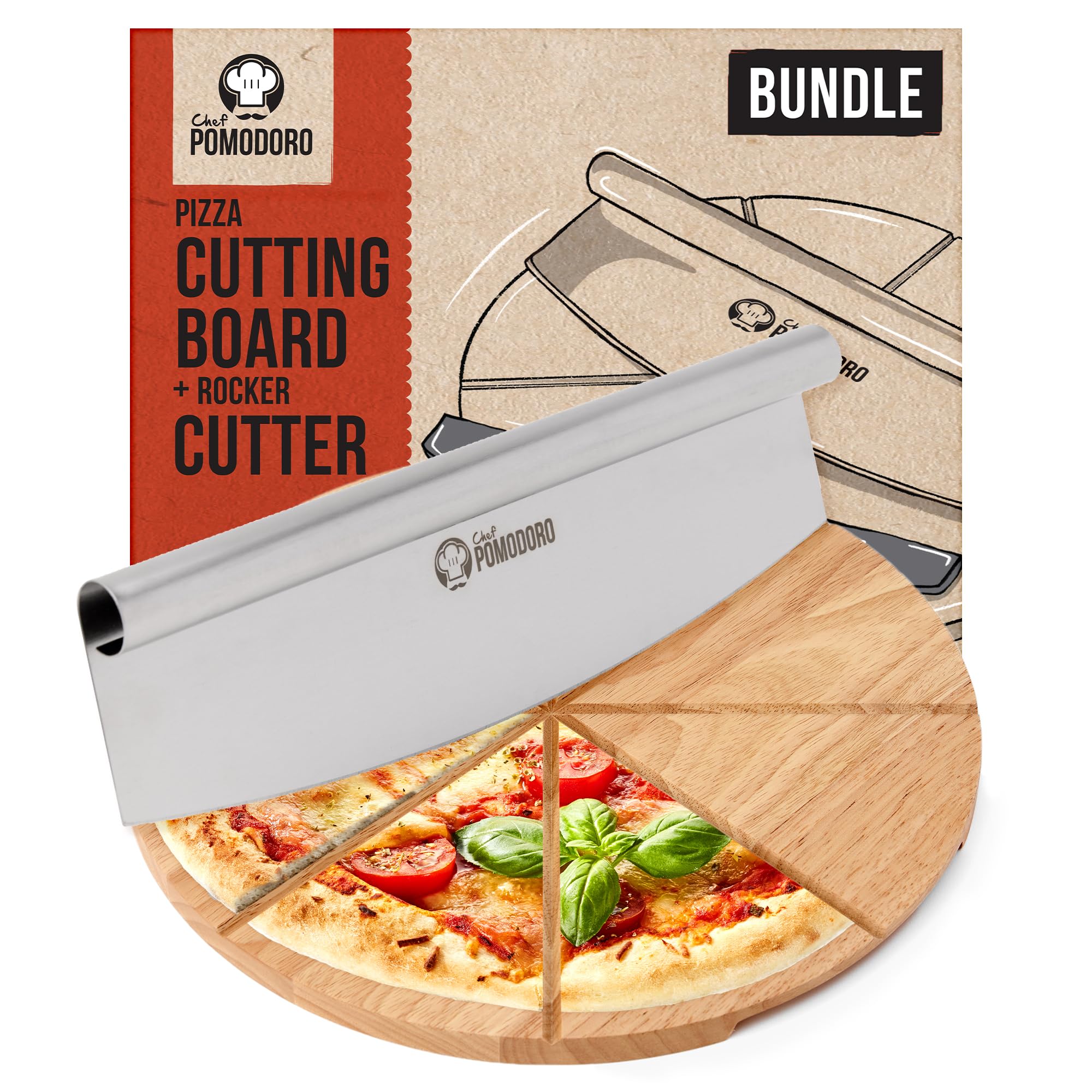 Chef Pomodoro - Juego De Cortador De Pizza De 14"" Con Cuchilla Oscilante Y Tabla Para Cortar Pizza – Cuchilla De Acero Inoxidable Y Tabla De Madera Con Guía Para Cortar Pizza