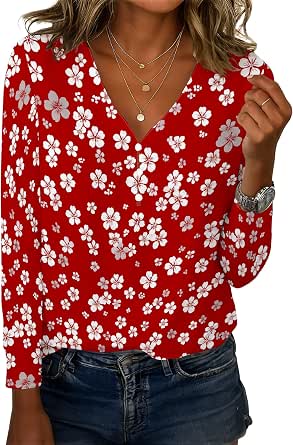 Women's Boho Floral Print Blouses Dressy Casual Button V-Neck Long Sleeve Shirt Tunic