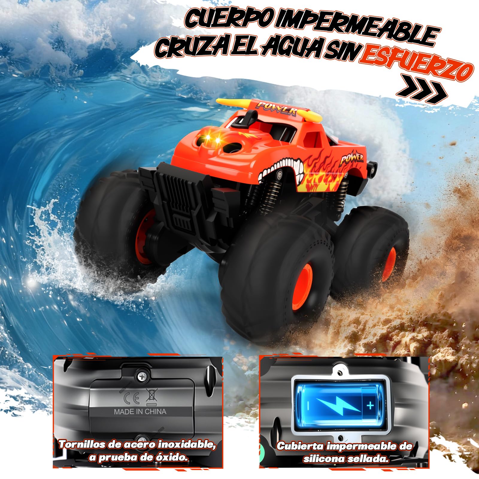 Charmofun Monster Truck Teledirigido, Anfibio Coche Teledirigido con Luces Led e 2 Baterías, 2.4GHz 360° Rotación Impermeable RC Monster Truck, Coche RC 1:16 para Niños (Rojo)