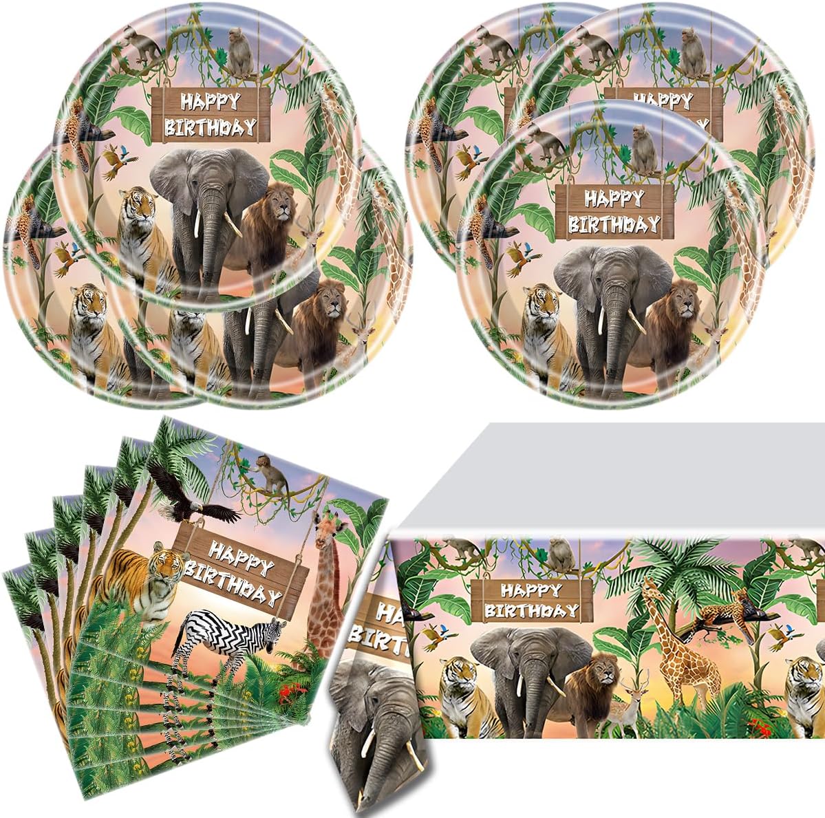 Jungle Animal Party Tableware, 20 Plates and 20 Napkins and