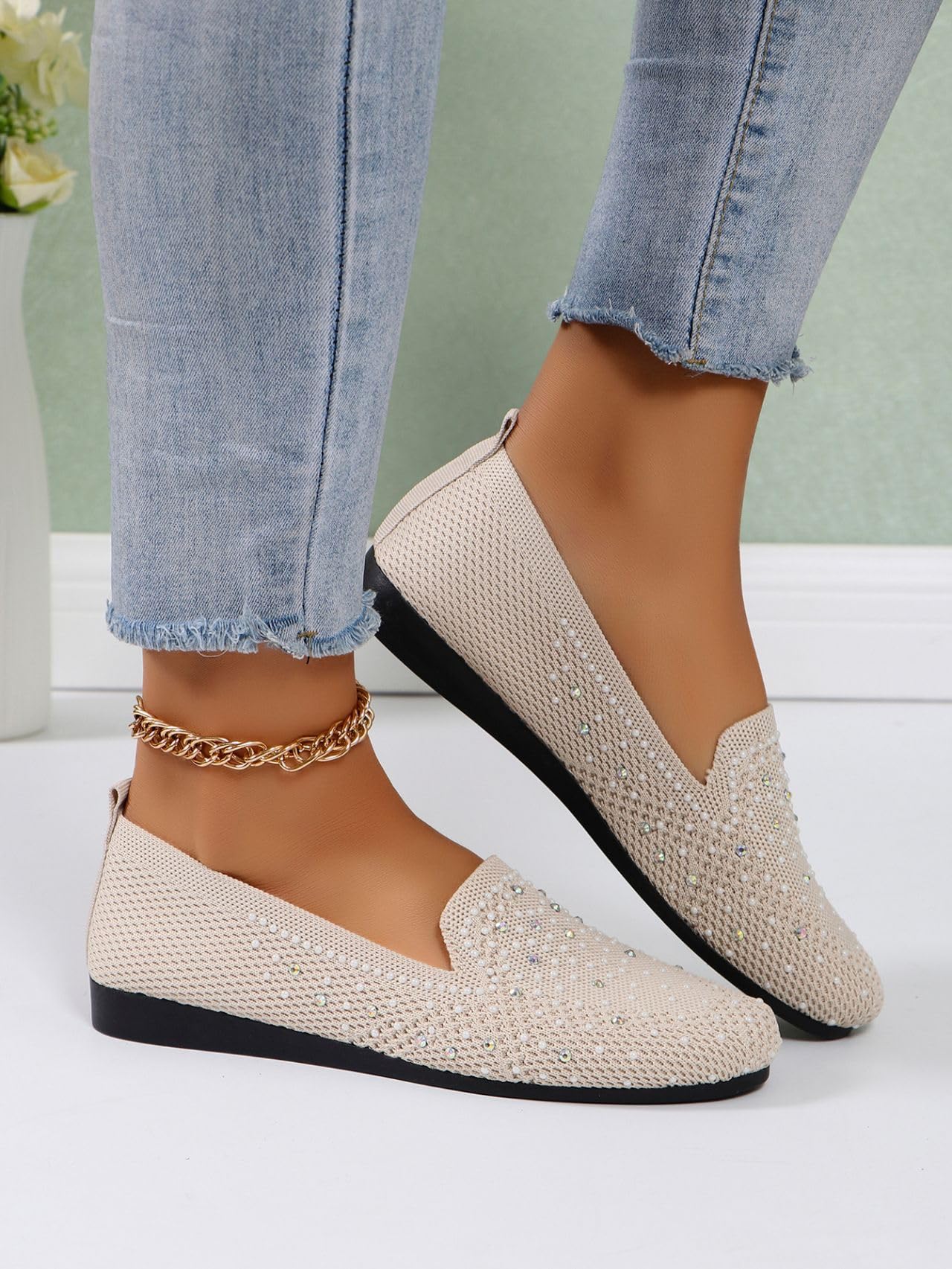 Zapatos planos de ballet de punto transpirable para mujer, zapatos planos