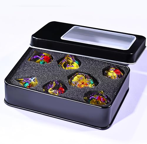 Vista 127 de AUSTOR Juego de dados DND de 7 troqueles hechos a mano, dados poliédricos de resina de borde afilado para juegos de mesa de Dungeons and Dragons RPG