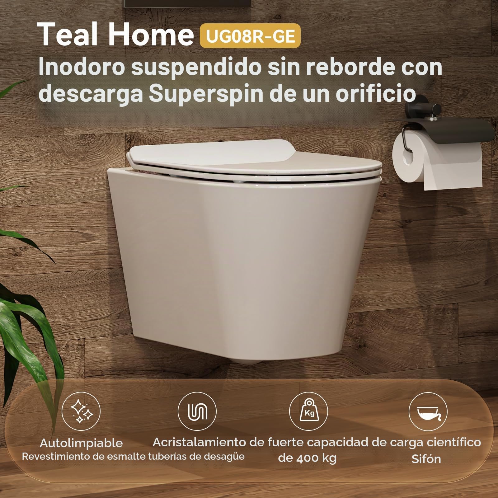 Inodoro de pared suspendido sin borde con tapa de descenso automático, cuenco profundo de bajo olor, cerámica con revestimiento nano - Caza monotrou