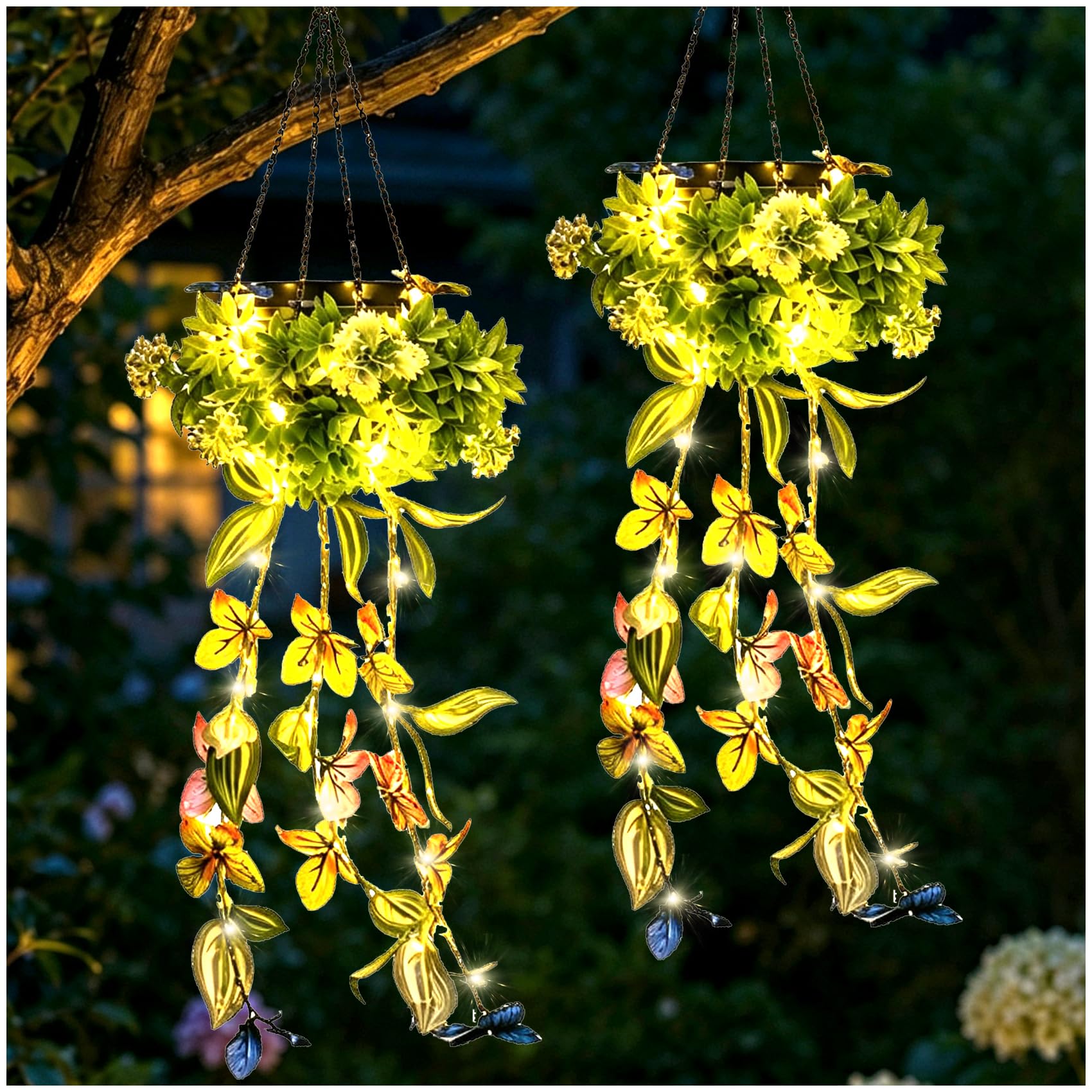 Solar Butterfly Hanging Lights Outdoor, Flower Vine Lantern Gift 2 Pack