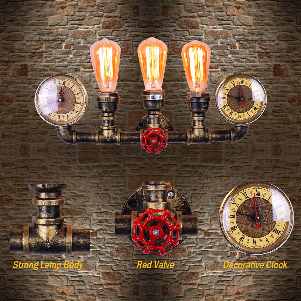 LMSOD 3 Lights Water Tube Wall Sconce, Retro Industrial Steampunk