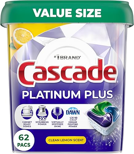 Cascade Platinum Plus Cápsulas para lavavajillas, detergente para platos ActionPacs, Clean Lemon, 62 unidades