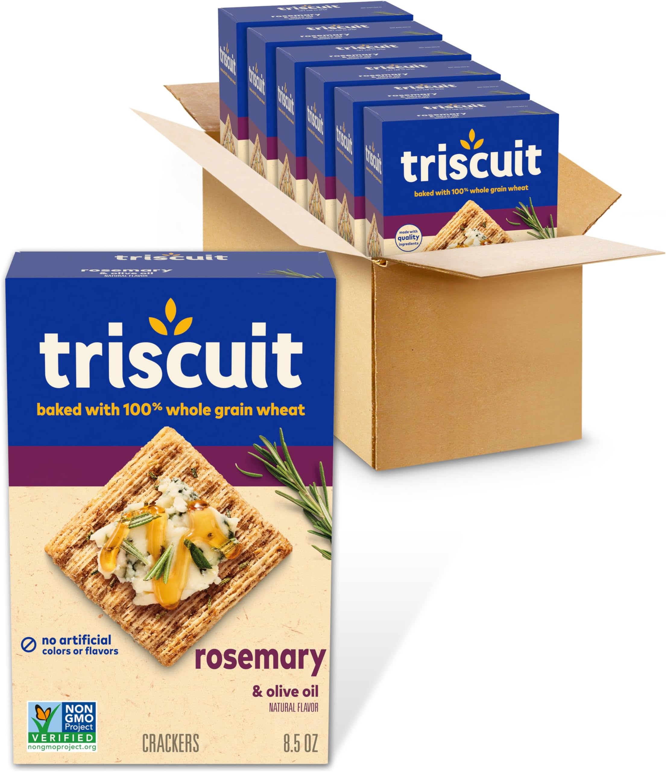 Rosemary & Olive Oil Whole Grain Wheat Crackers, Lunch Snacks, Bulk Snack Crackers, 6 - 8.5 oz Boxes