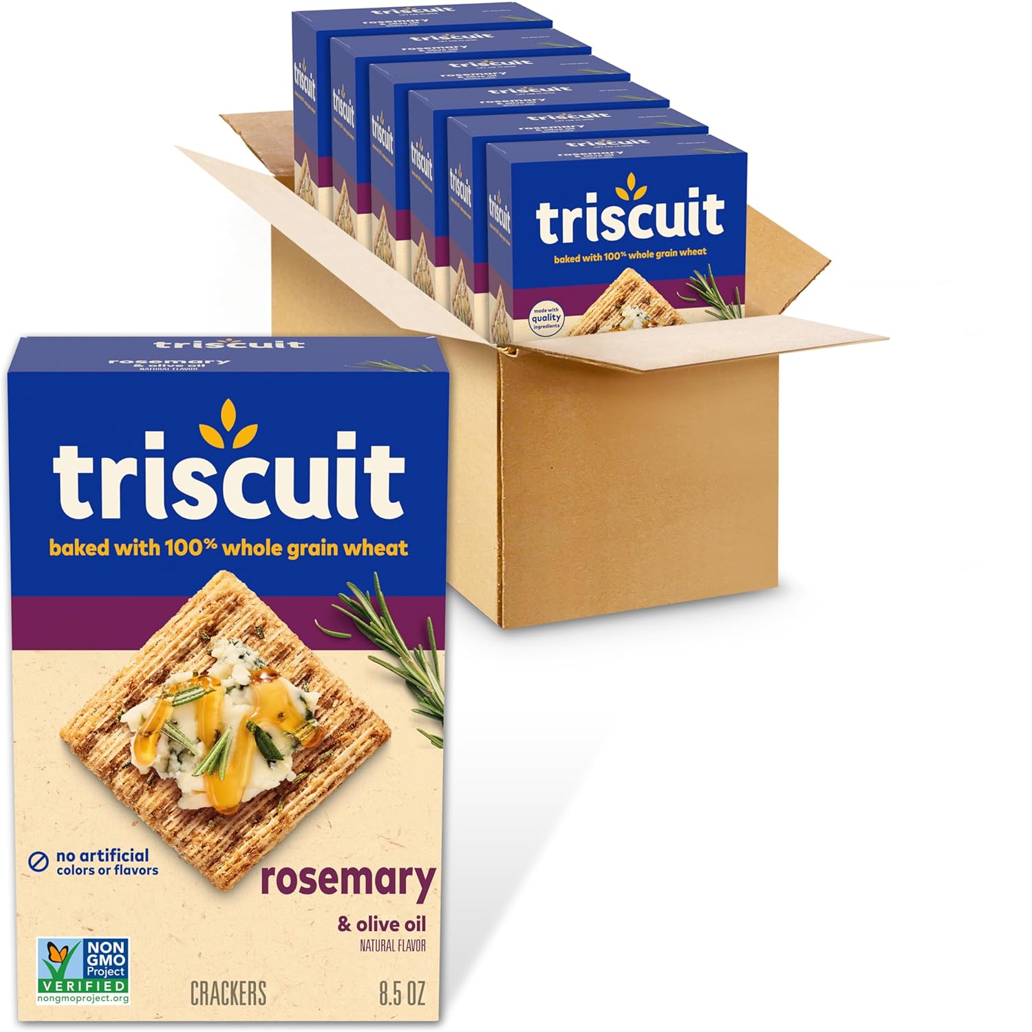 Triscuit Rosemary & Olive Oil Whole Grain Wheat Crackers, Lunch Snacks, Bulk Snack Crackers, 6 - 8.5 oz Boxes