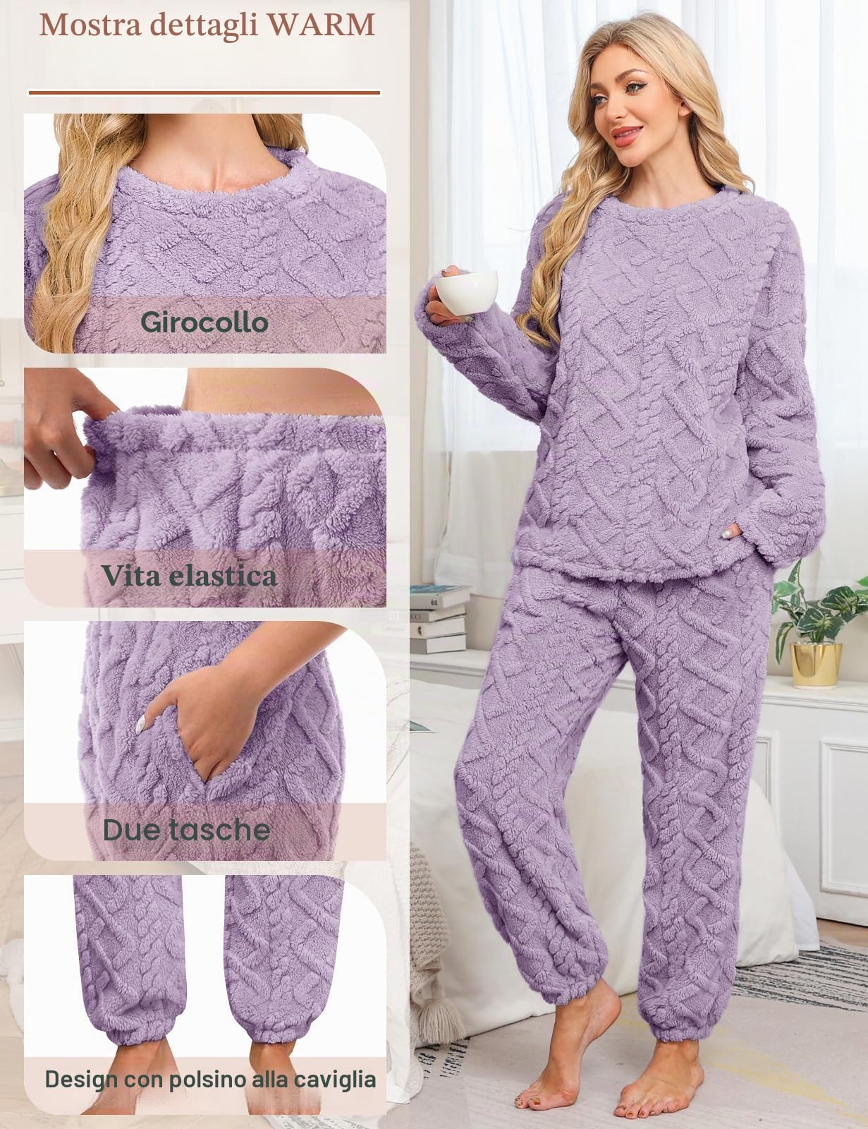 UMIPUBO Pigiama Donna Invernale Set Caldo Pile Pigiami Due Pezzi Morbido Manica Lunga Pantalone Lungo Abbigliamento da Casa Indumenti da Notte Lounge Sleepwear con Due Tasche