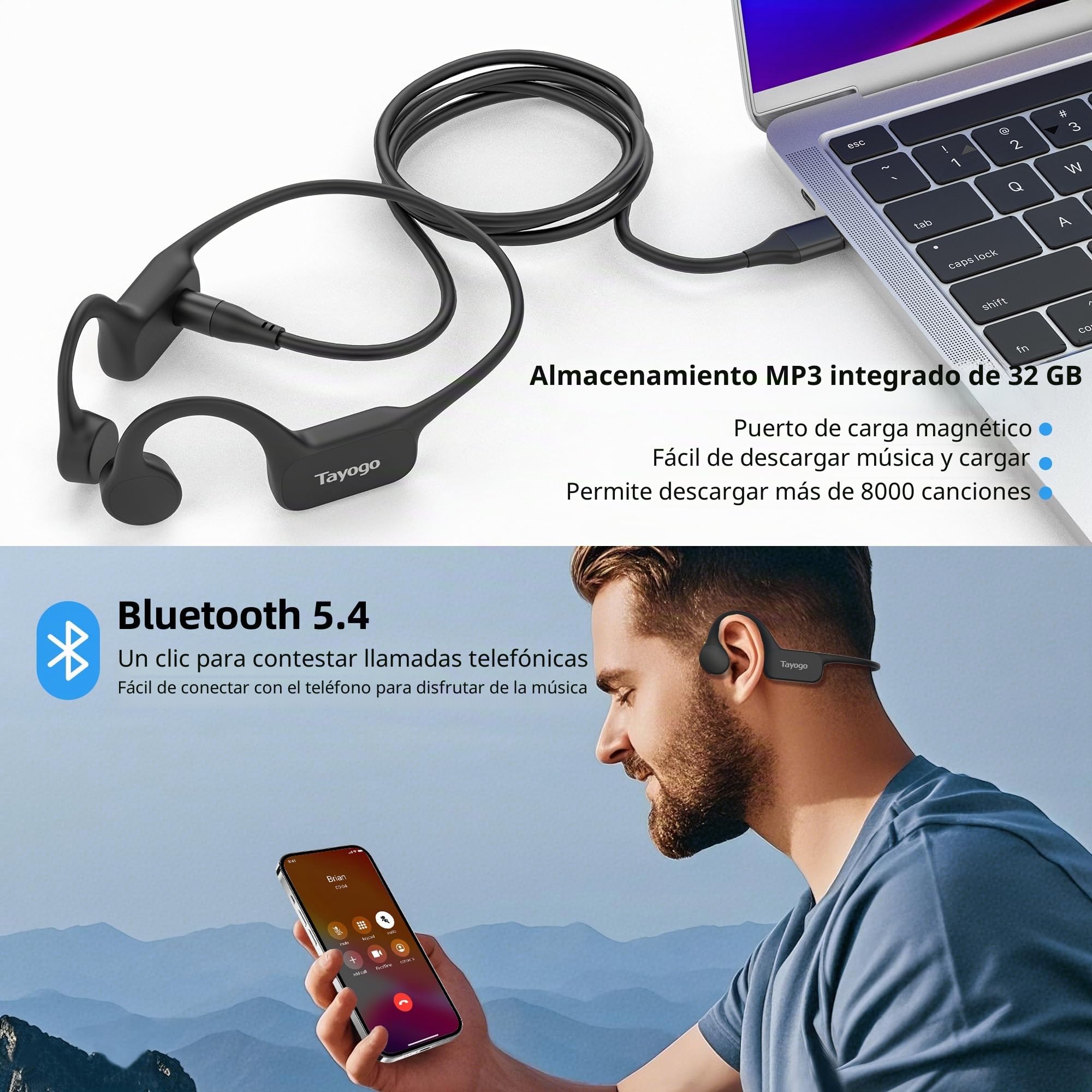 Tayogo Auriculares de conducción ósea, Auriculares Resistentes al Agua para Nadar IPX8, Bluetooth 5.4 con micrófono, subacuáticos para Nadar,Memoria de 32 GB (Negro)
