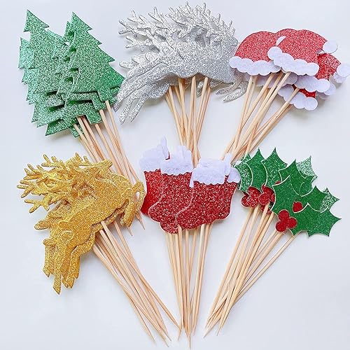 60 piezas de decoración de cupcakes de Navidad de doble cara con purpurina para decoración de pasteles, banderas de palillos de dientes, sombreros