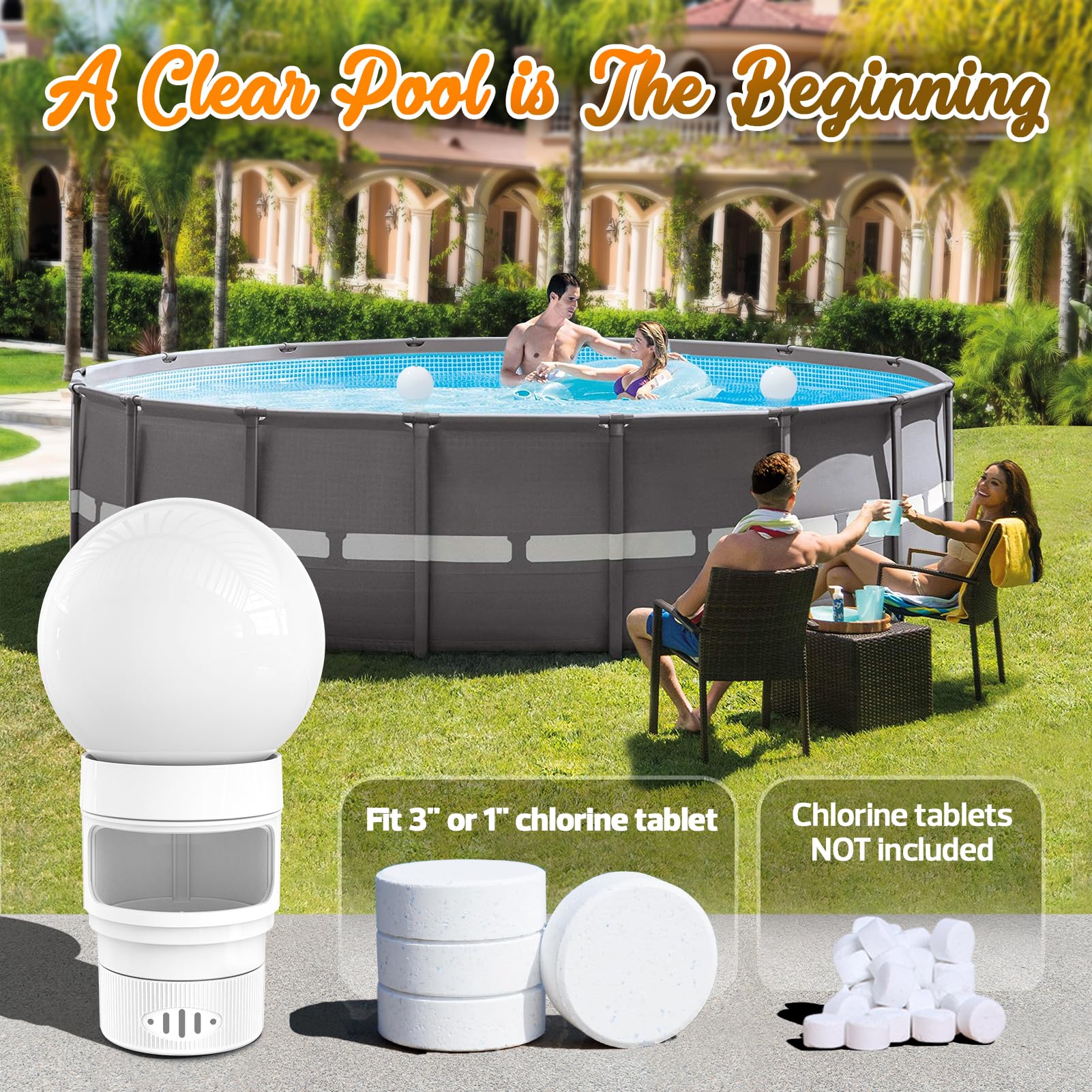 Flotador solar de cloro para piscina, flotador de cloro con luz, flotador de tabletas de cloro que brilla en la oscuridad, blanco llama, 11 pulgadas