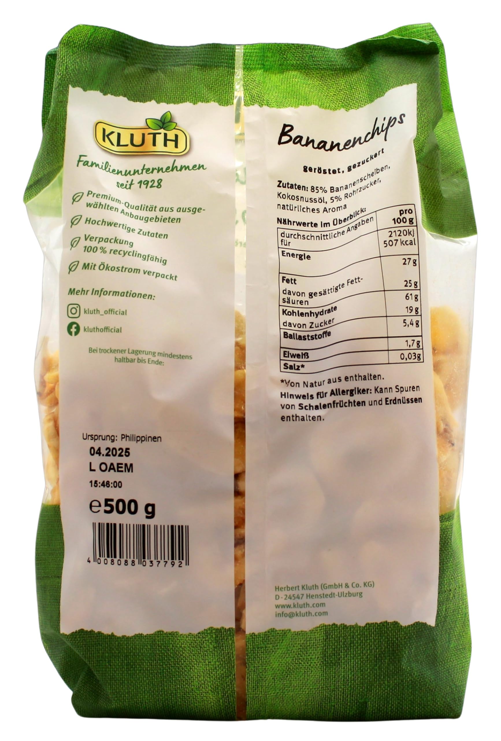 Kluth Bananen-Chips knusprig geröstet, 4er Pack (4 x 500g)