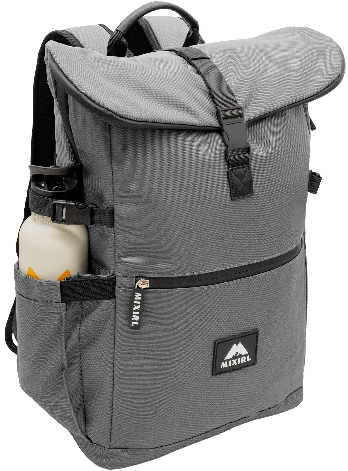 MIXIRLRolltop Backpack with Laptop Compartment for Men and Women, Hiking Backpack with Outdoor Seat Cushion, Waterproof, Cooling Compartment, Plain Daypack, Grey, Travel Backpack, Large and Elegant