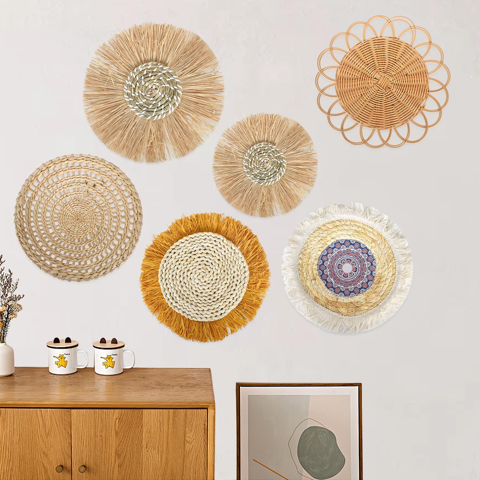 6 Pieces Wicker Baskets Wall Art Decor Handmade Flat Woven Wicker Room Decoration Natural Woven Flat Baskets Bohemian Basket Decor for Home Living Room Bedroom