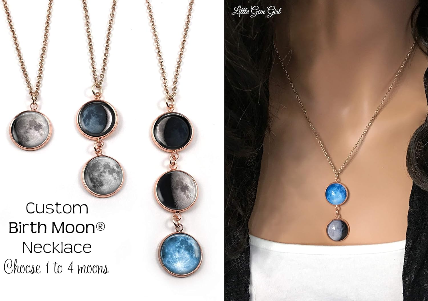 Personalized Custom Birth Moon Necklace with 1, 2, 3 or 4 Personalized Birthday Moon Phase Rose Gold Charms