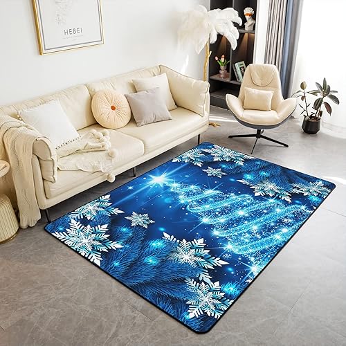 Miniatura 1 de Alfombra de árbol de Navidad de 4 x 5 pies, alfombra elegante con temática de Navidad, copos de nieve, antideslizante, alfombra azul para sala de