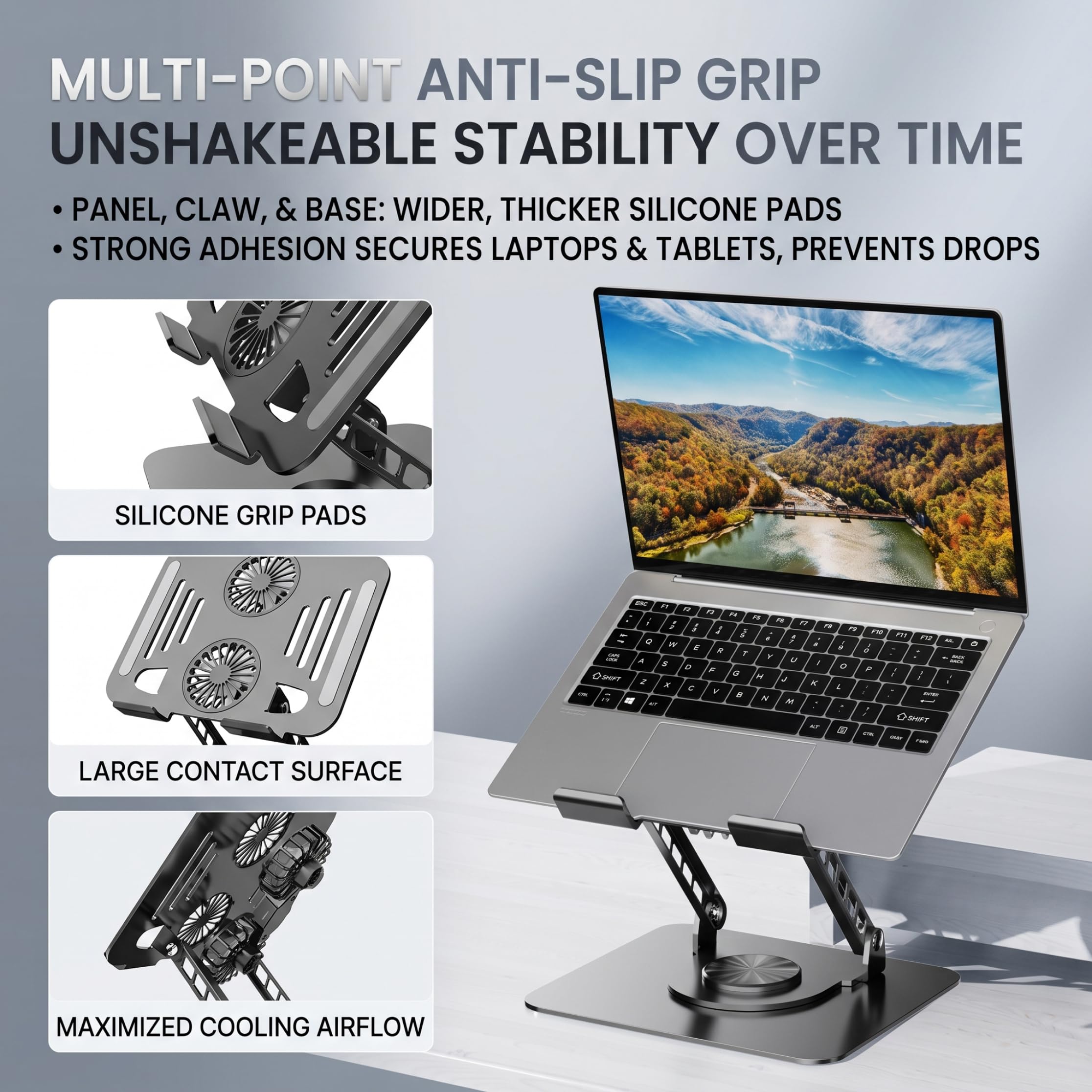 Supporto di raffreddamento per laptop con ventola, supporto di raffreddamento per laptop Dual Turbo – Riser in lega regolabile con rotazione a 360° per scrivania (nero)